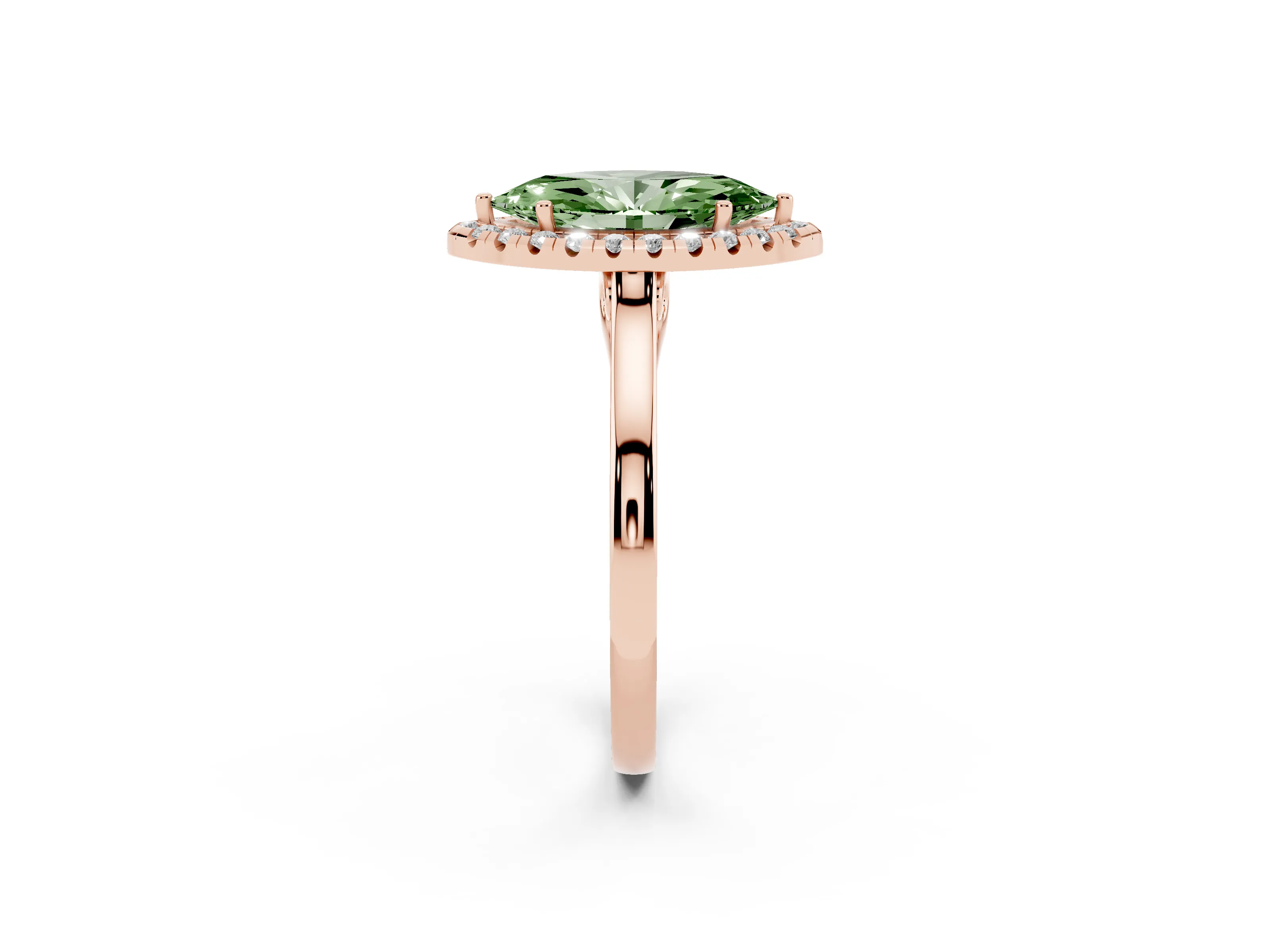 Fancy Green Marquise Cut Halo Round Diamond Solitaire Ring Set in Rose gold with Pavé Band and Prong Setting