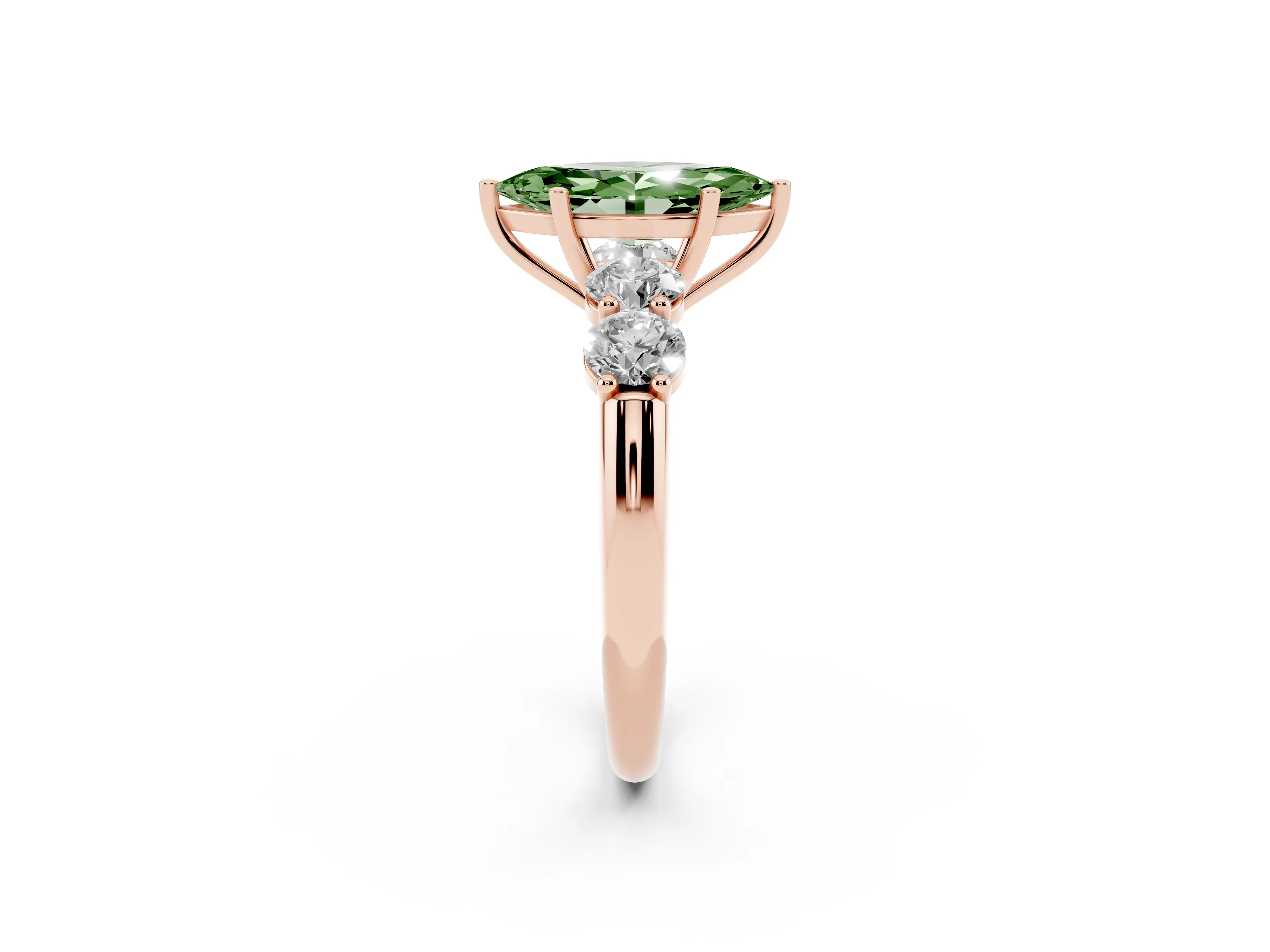 Fancy Green Marquise Cut Diamond Five-Stone Prong Set Ring Set in Rose gold with Classic Band