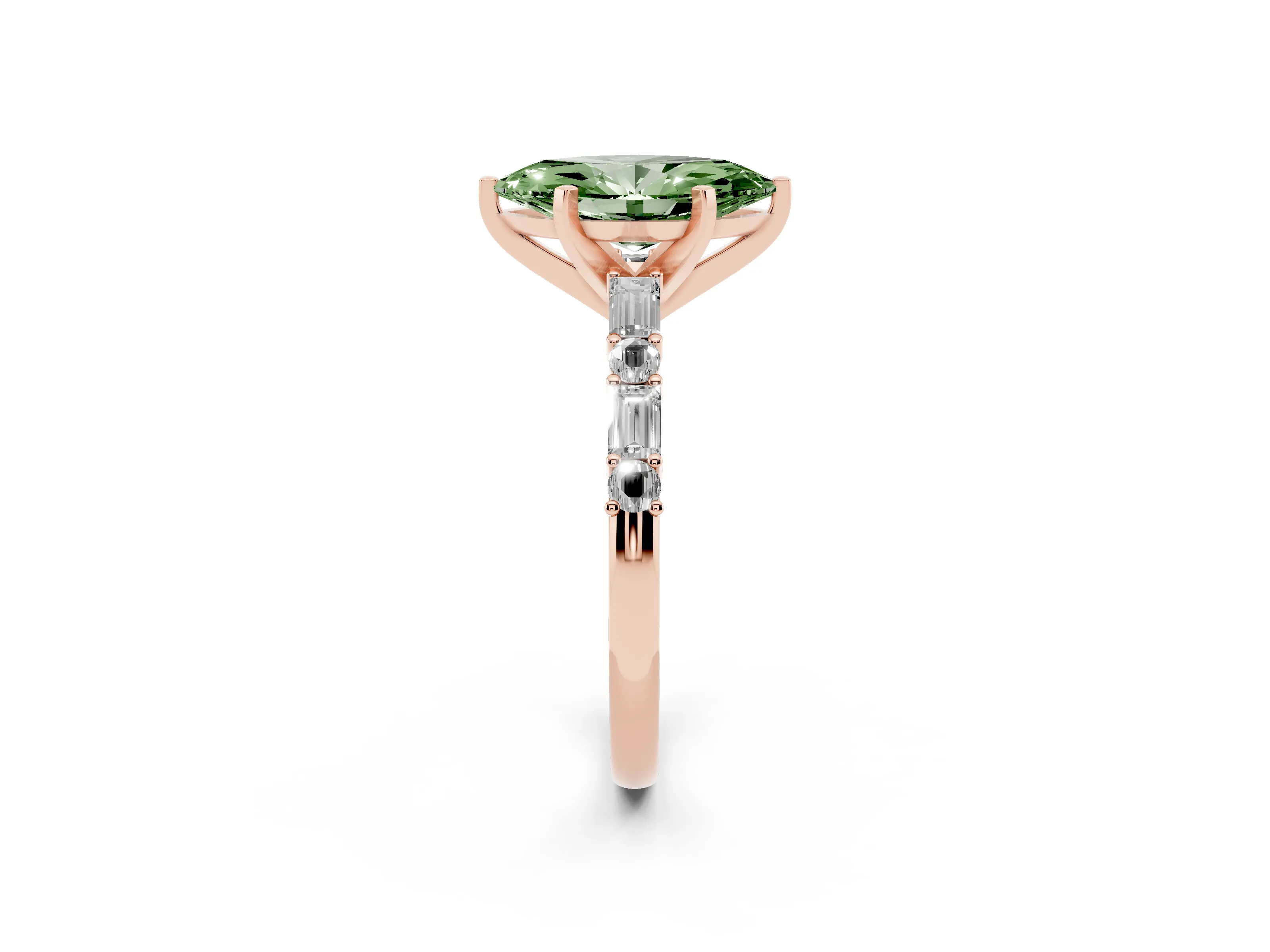 Fancy Green Marquise Cut Diamond Solitaire Set in Rose gold with Side Baguettes and Channel Set Band