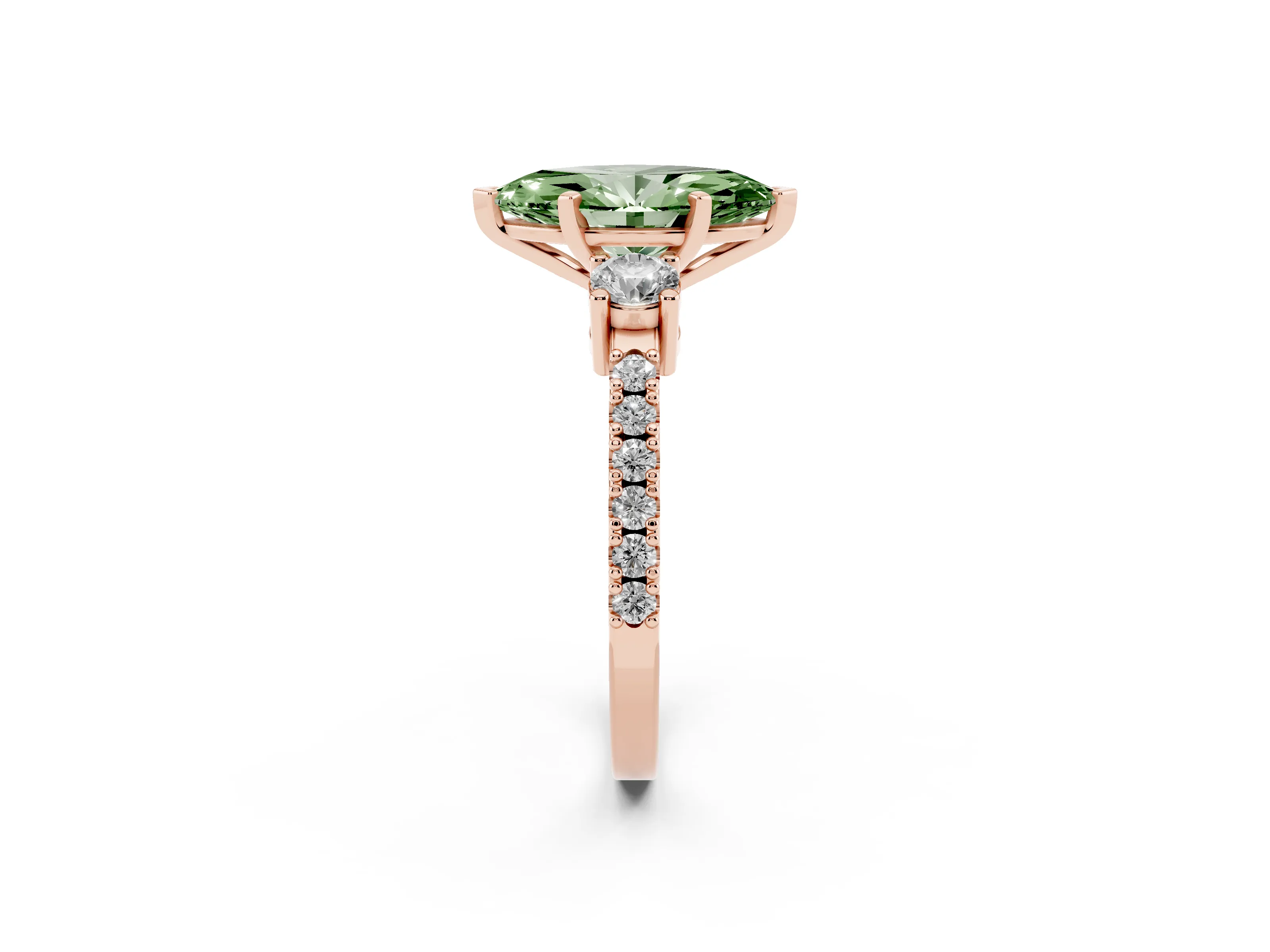 Fancy Green Three-Stone Marquise Cut Diamond Pavé Band Ring Set in Rose gold with Prong Setting