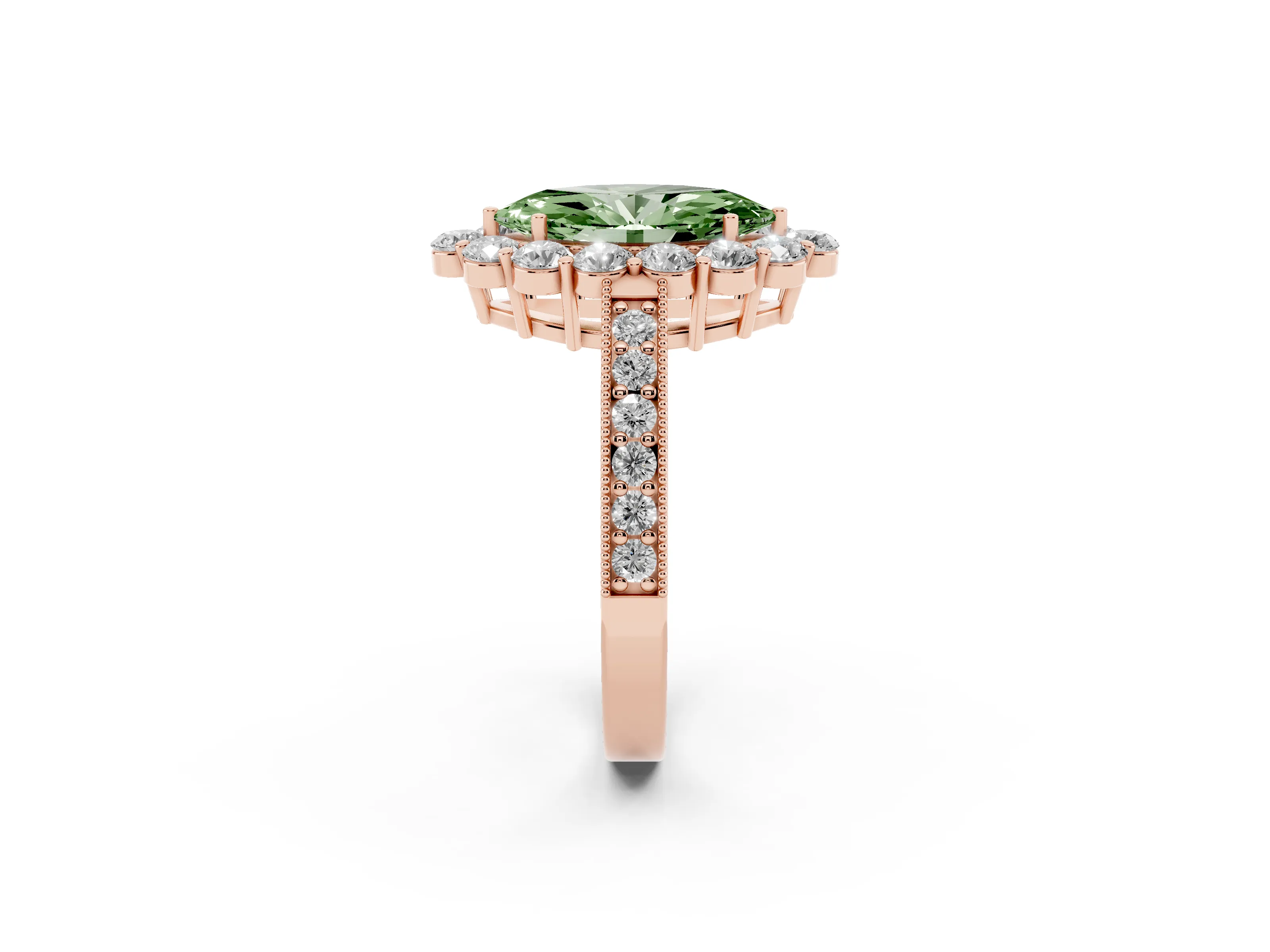 Fancy Green Marquise Cut Diamond Halo Pavé Engagement Ring Set in Rose gold with Milgrain Detailing