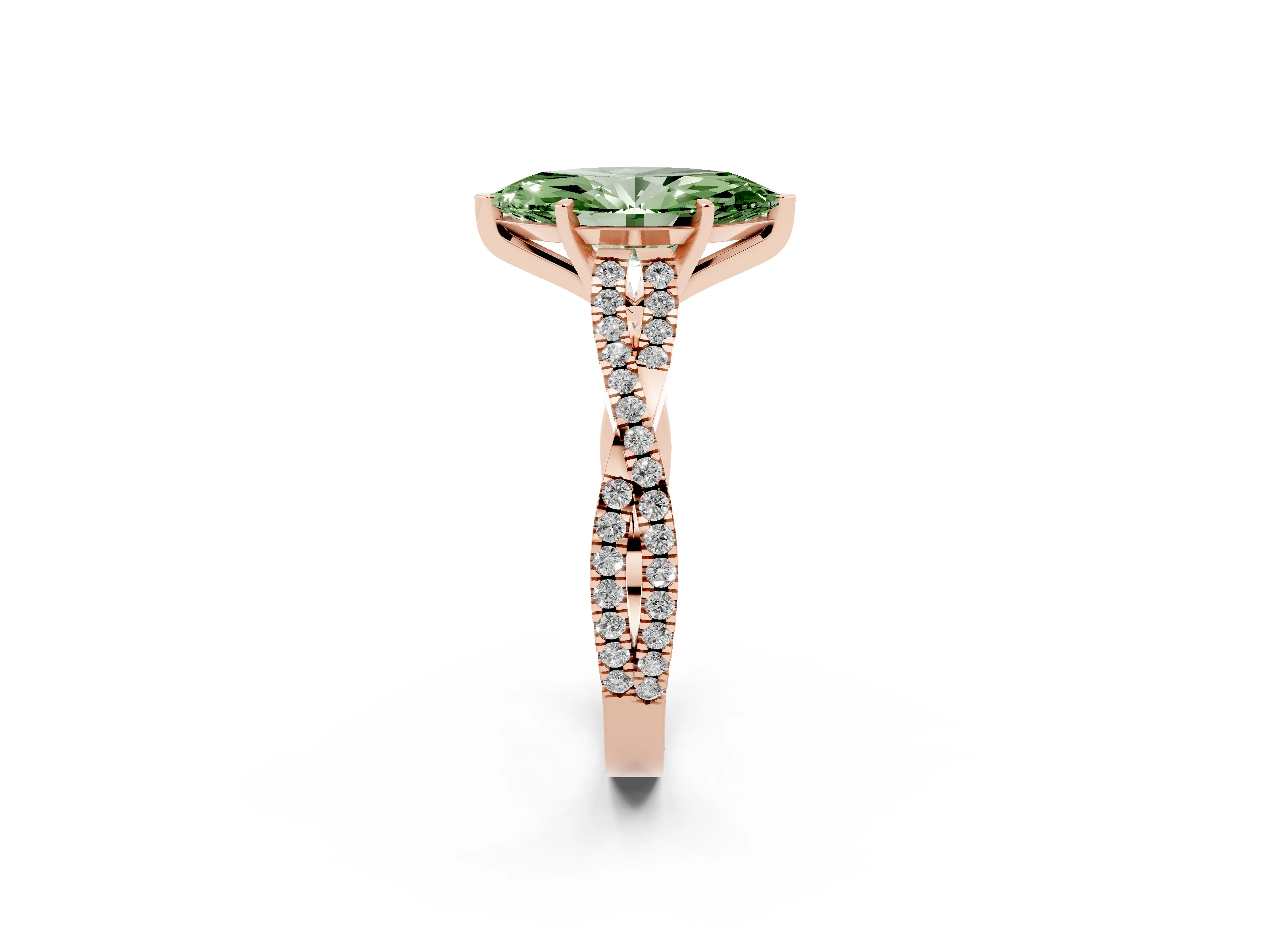 Fancy Green Marquise Cut Diamond Solitaire Engagement Ring Set in Rose gold with Twisted Pavé Band and Prong Setting