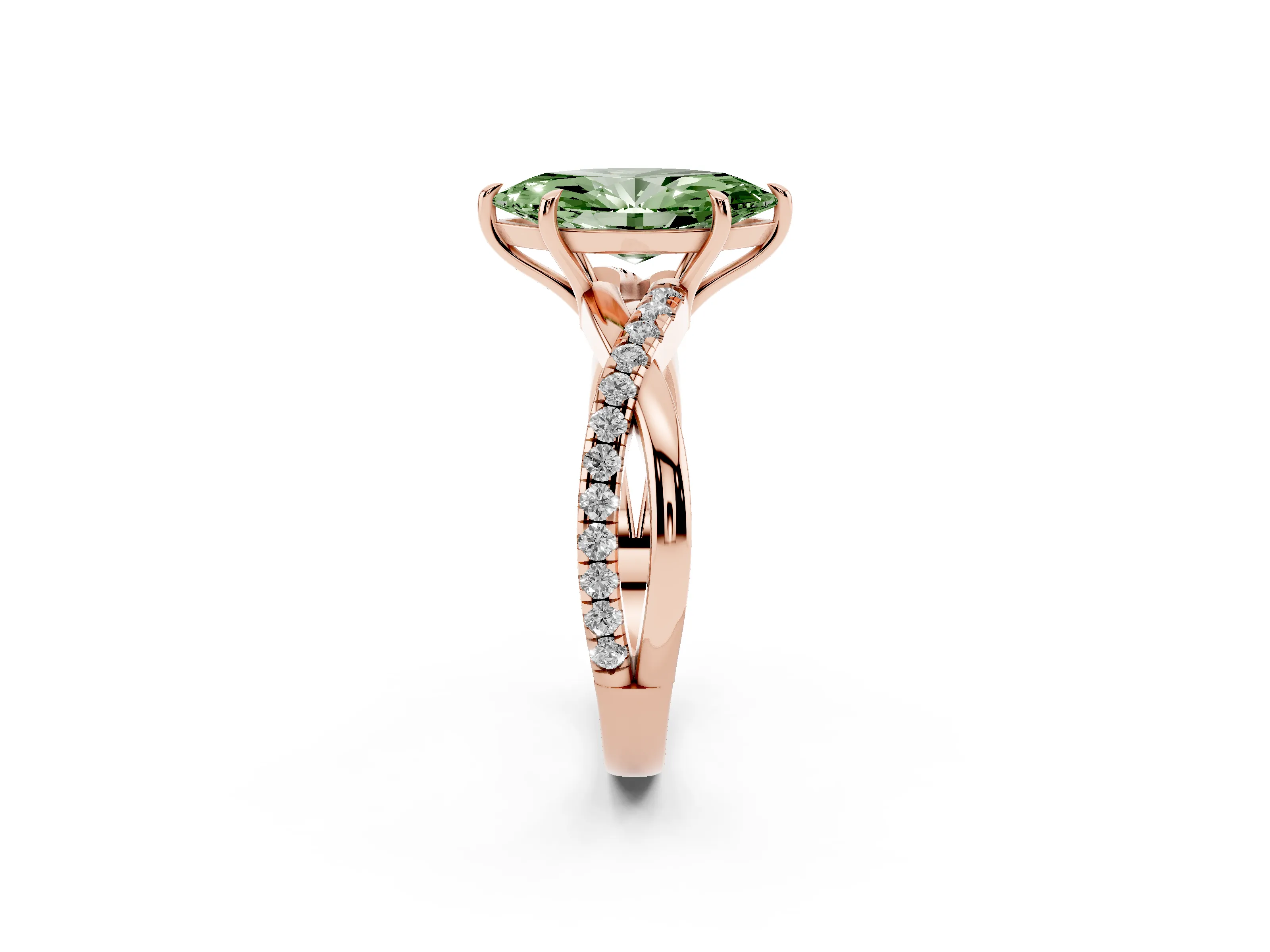 Fancy Green Marquise Cut Diamond Twisted Pavé Band Ring Set in Rose gold with Prong Setting