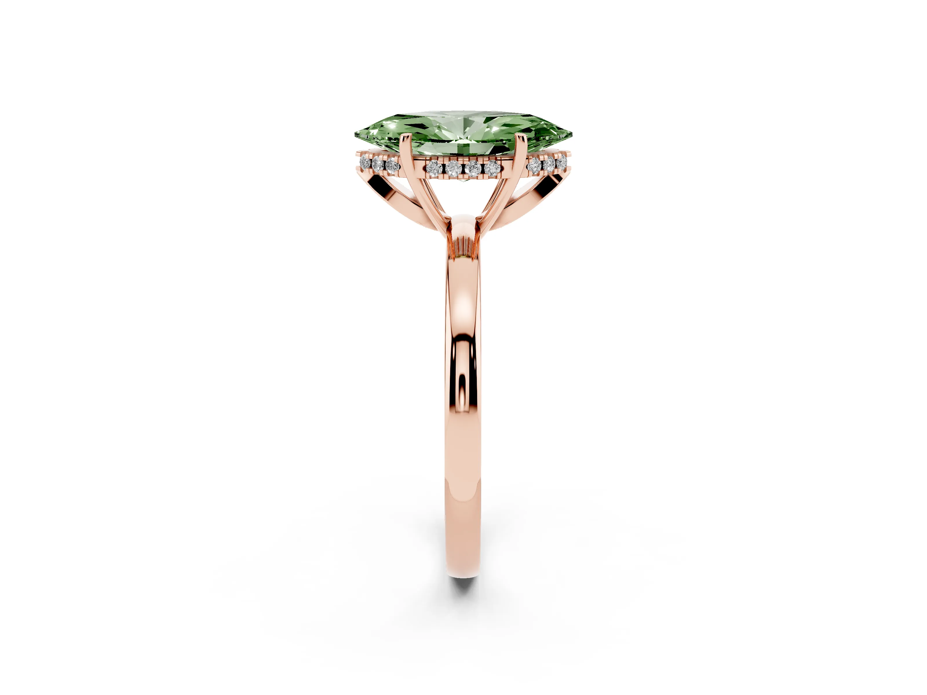 Fancy Green Marquise Cut Diamond Solitaire Ring Set in Rose gold with Plain Band and Prong Setting