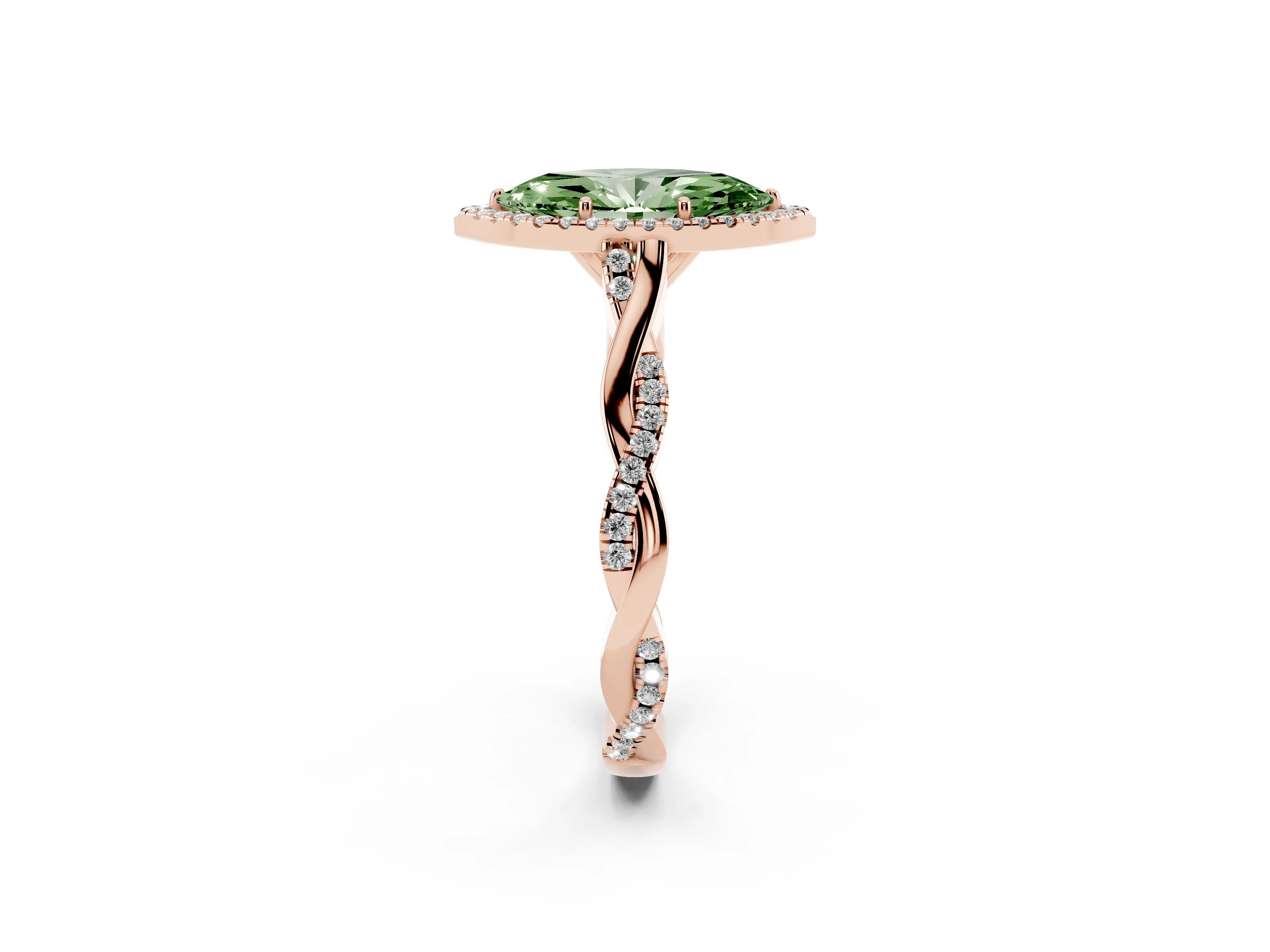 Fancy Green Marquise Cut Diamond Halo Twist Band Solitaire Ring Set in Rose gold with Prong Setting