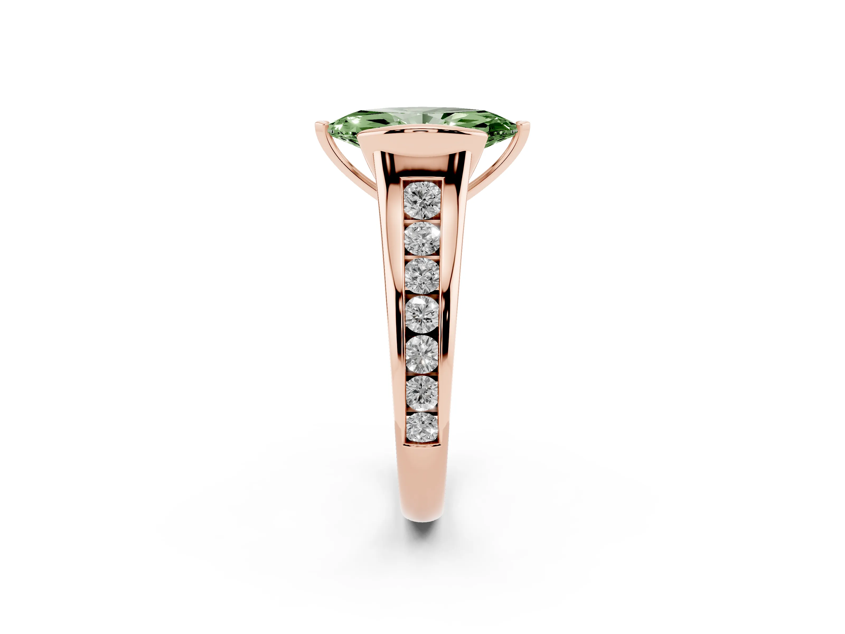 Fancy Green Marquise Cut Diamond Bezel-Set Solitaire Ring Set in Rose gold with Channel-Set Band