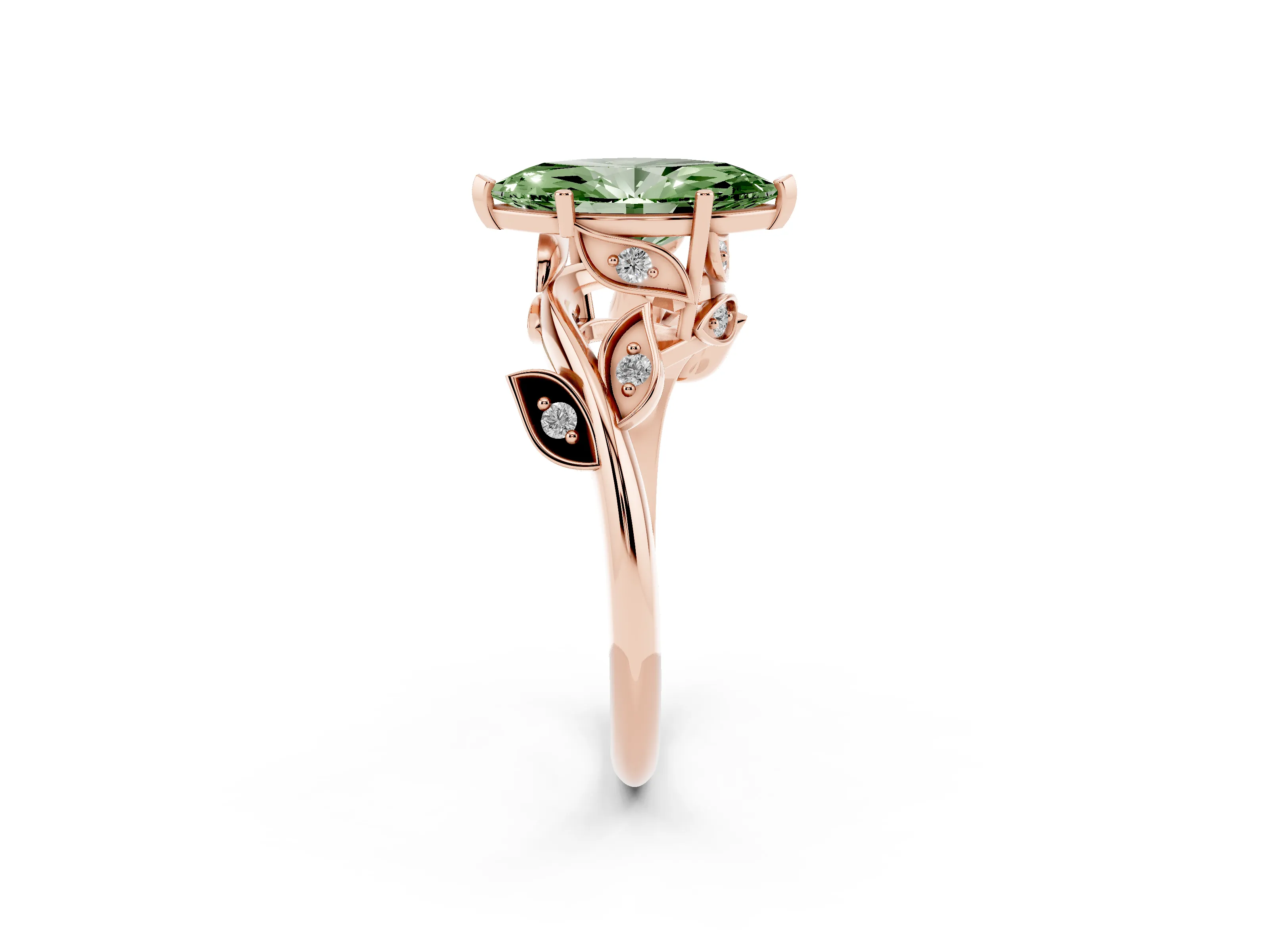 Fancy Green Marquise Cut Diamond Solitaire Twist Engagement Ring Set in Rose gold with Pavé Leaf Accents
