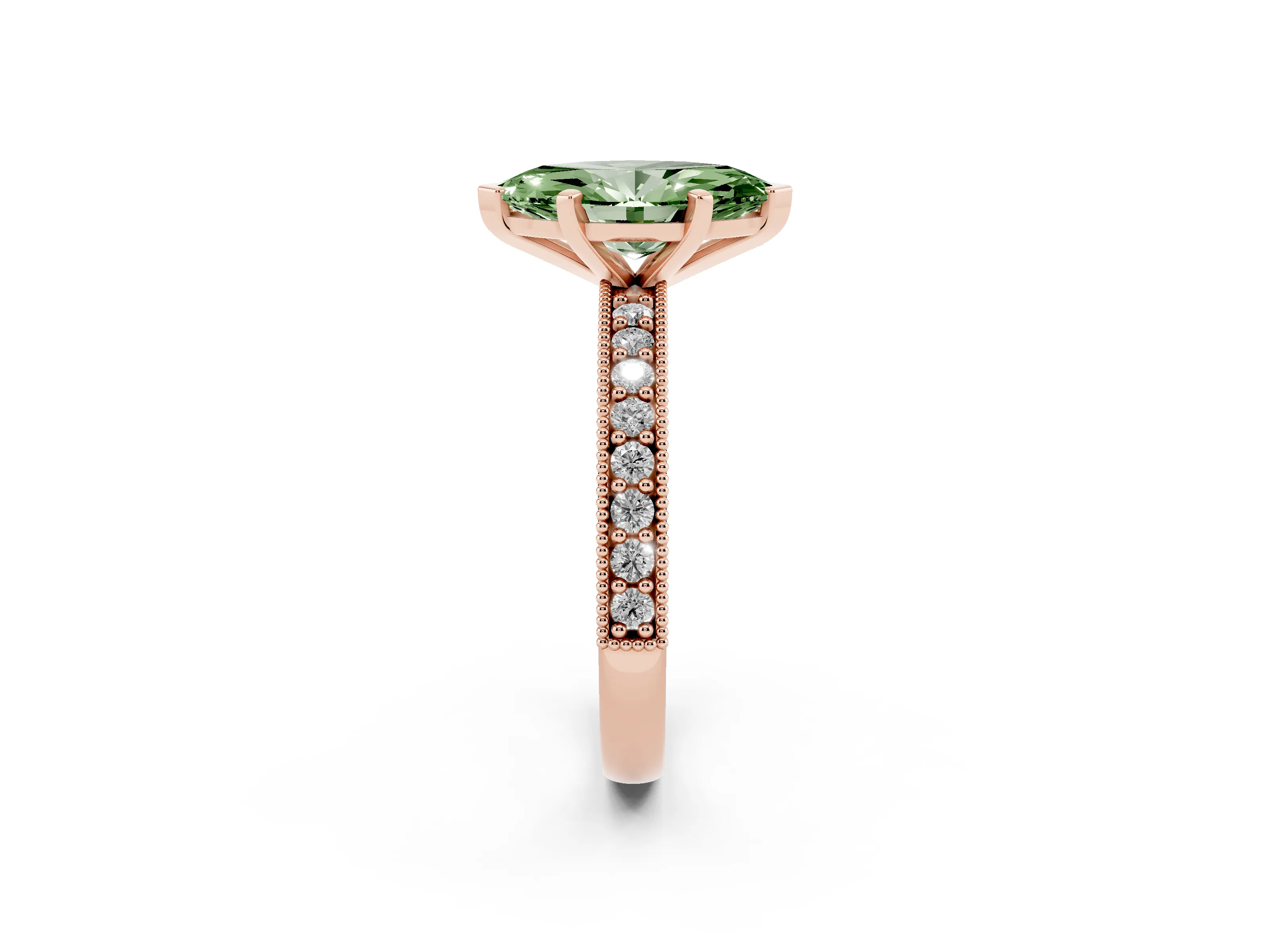 Fancy Green Marquise Cut Diamond Milgrain Pavé Engagement Ring Set in Rose gold with Prong Setting