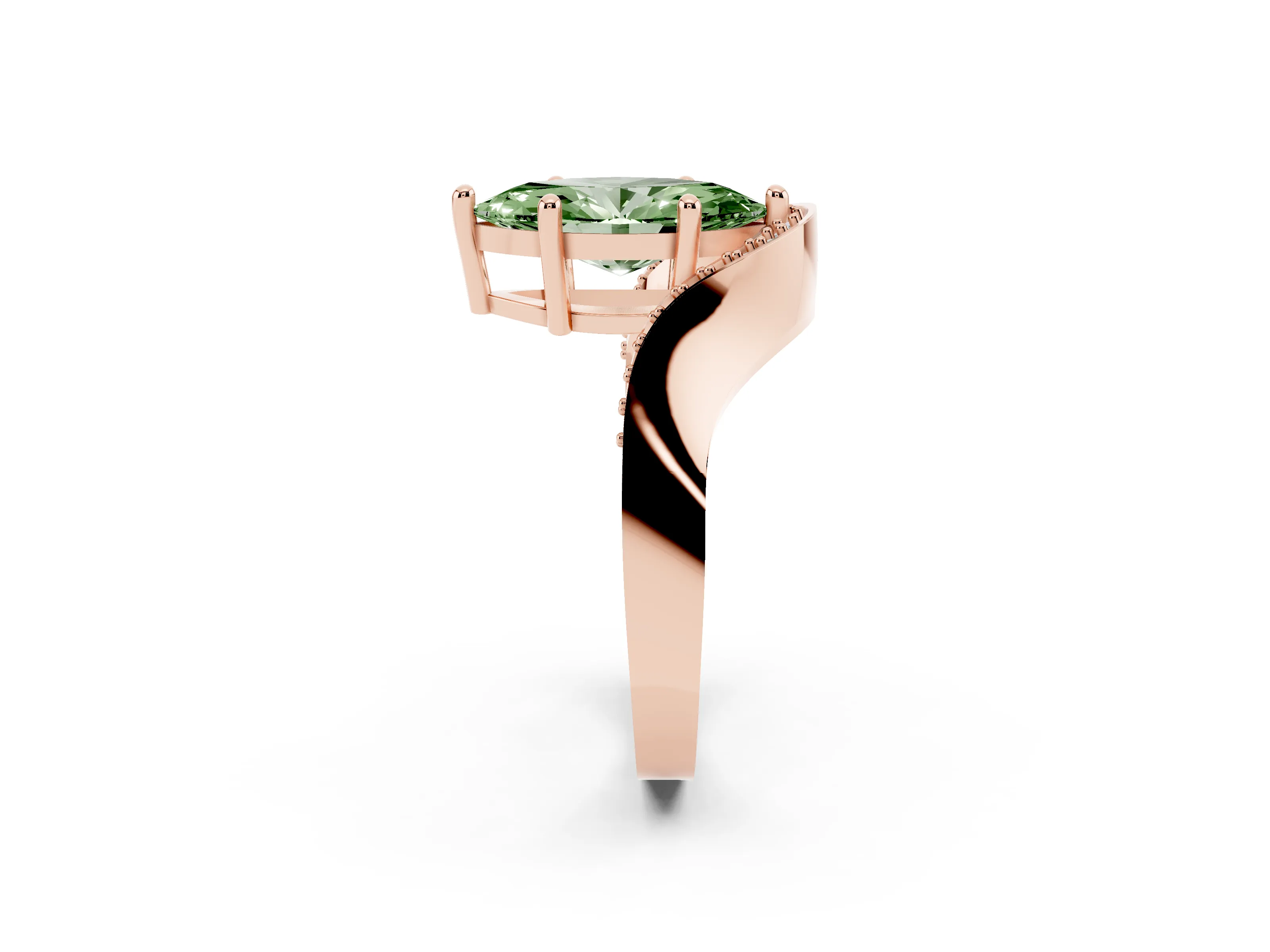 Fancy Green Marquise Cut Diamond Solitaire Engagement Ring Set in Rose gold with Pavé Shoulders
