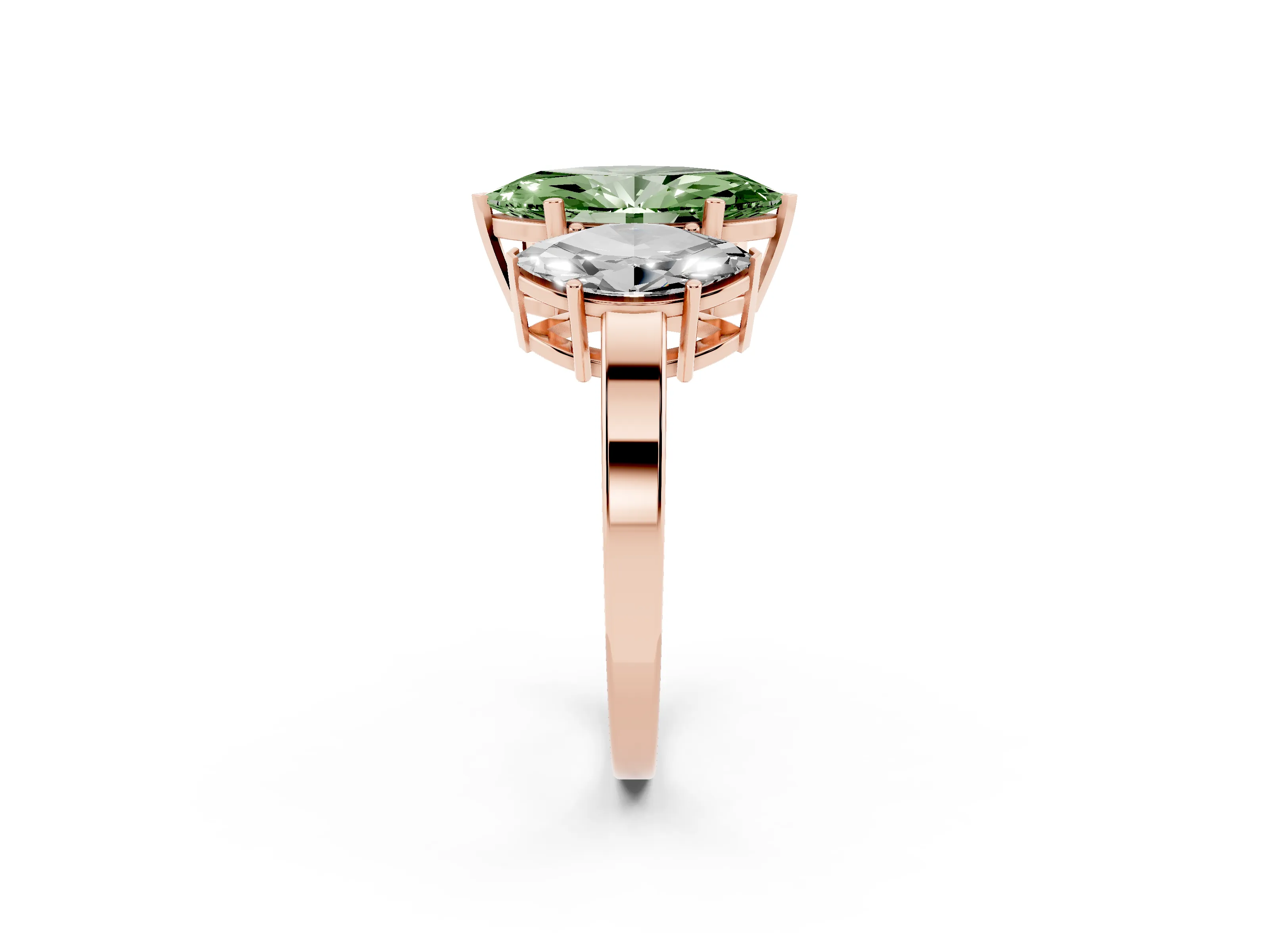 Fancy Green Marquise Cut Diamond Three-Stone Engagement Ring Set in Rose gold with Flat Band