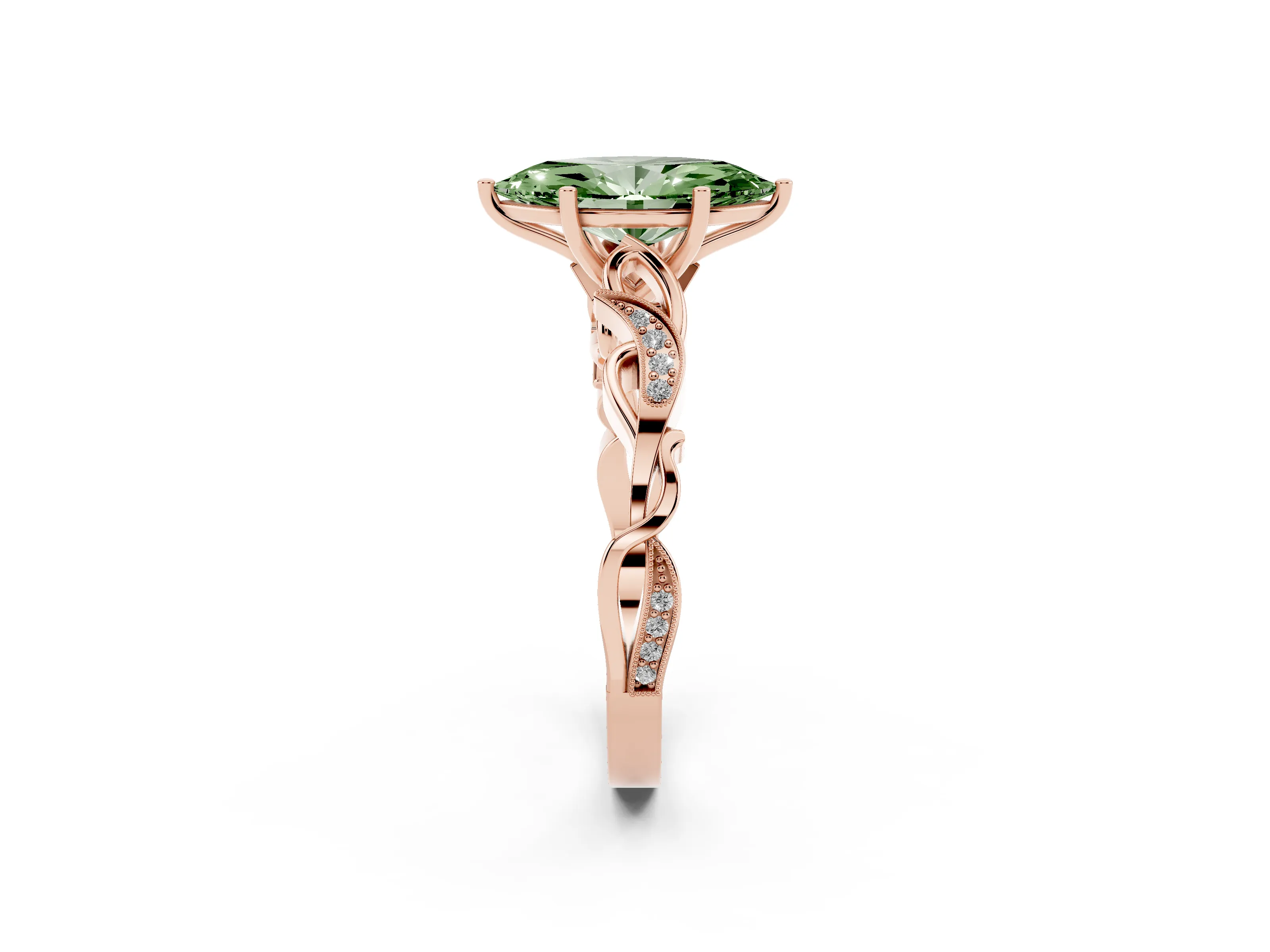 Fancy Green Marquise Cut Diamond Vine Band Solitaire Ring Set in Rose gold with Milgrain Prong Setting