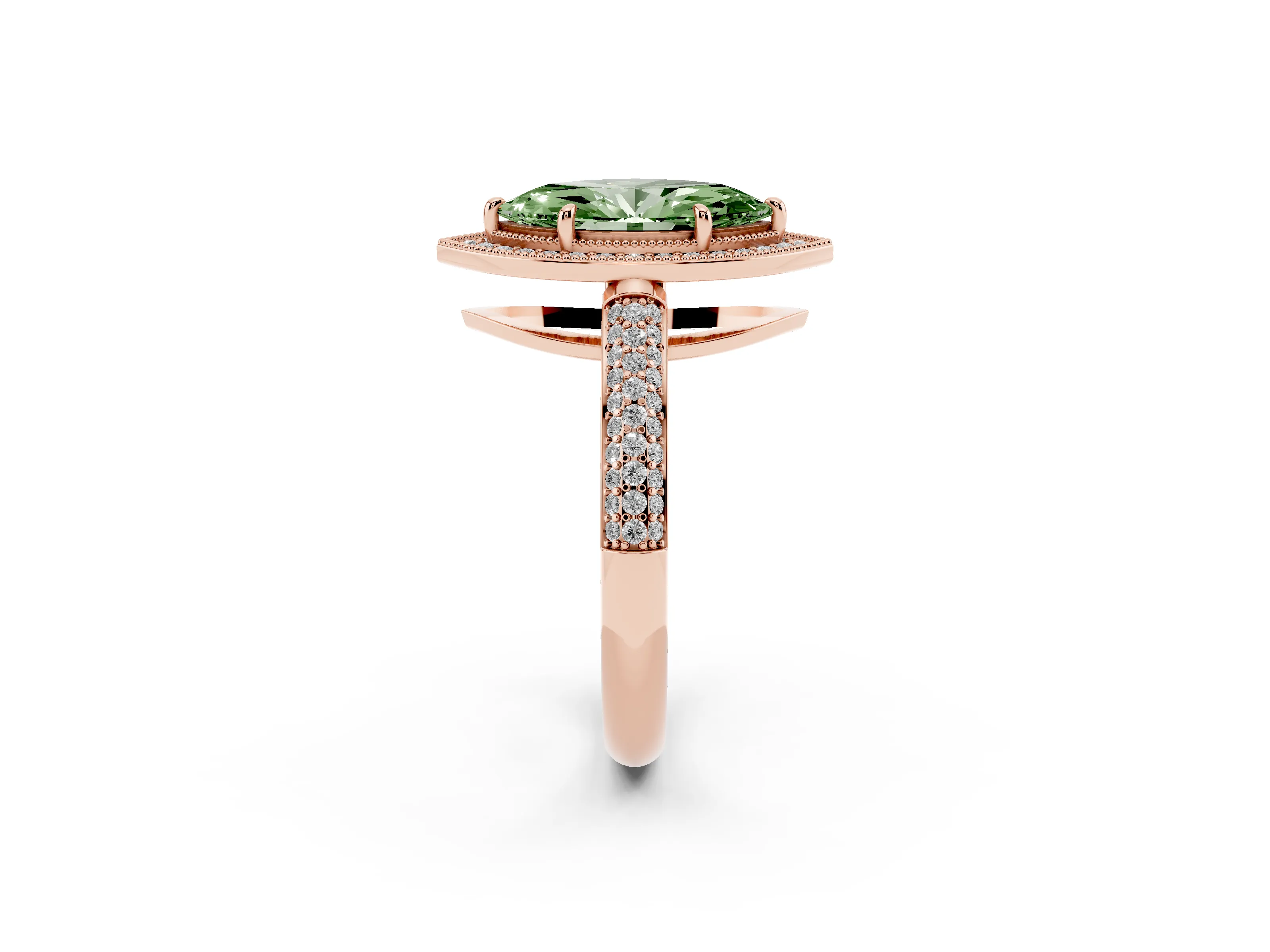 Fancy Green Marquise Cut Diamond Halo Pavé Band Set in Rose gold with Prong Setting