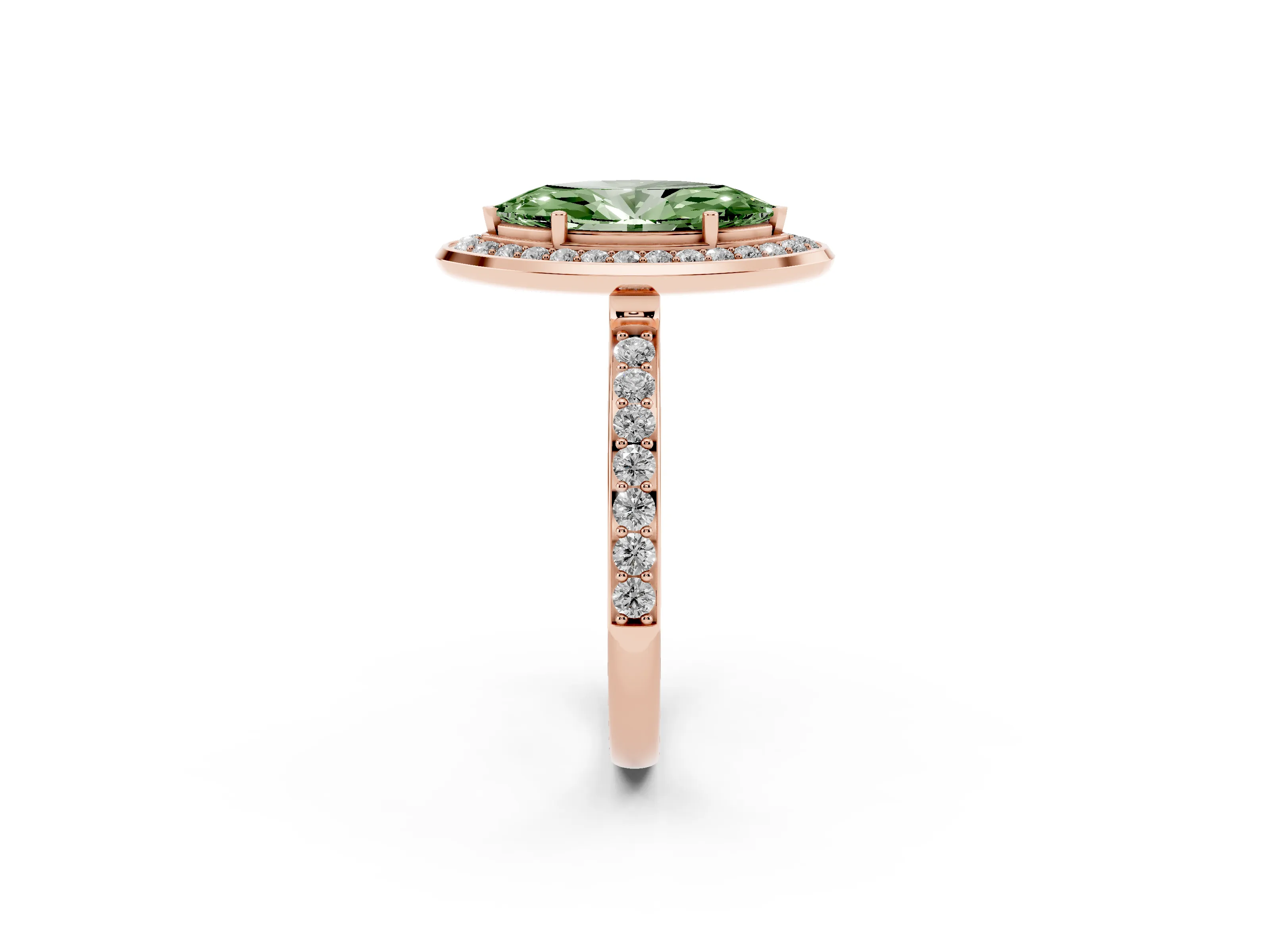 Fancy Green Marquise Cut Diamond Halo Ring Set in Rose gold with Bezel Frame and Pavé Band