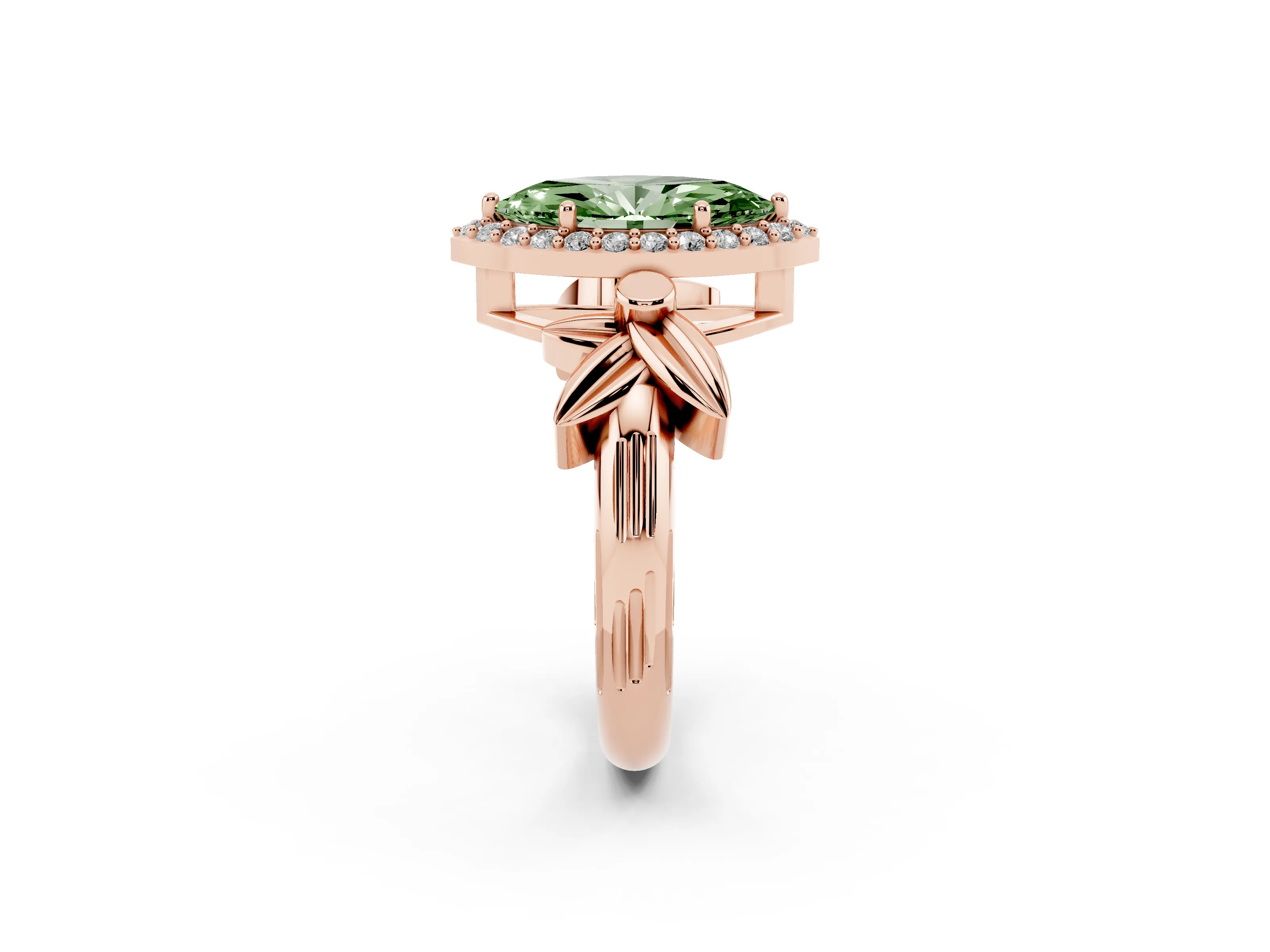 Fancy Green Marquise Cut Diamond Halo Floral Band Ring Set in Rose gold with Prong Setting