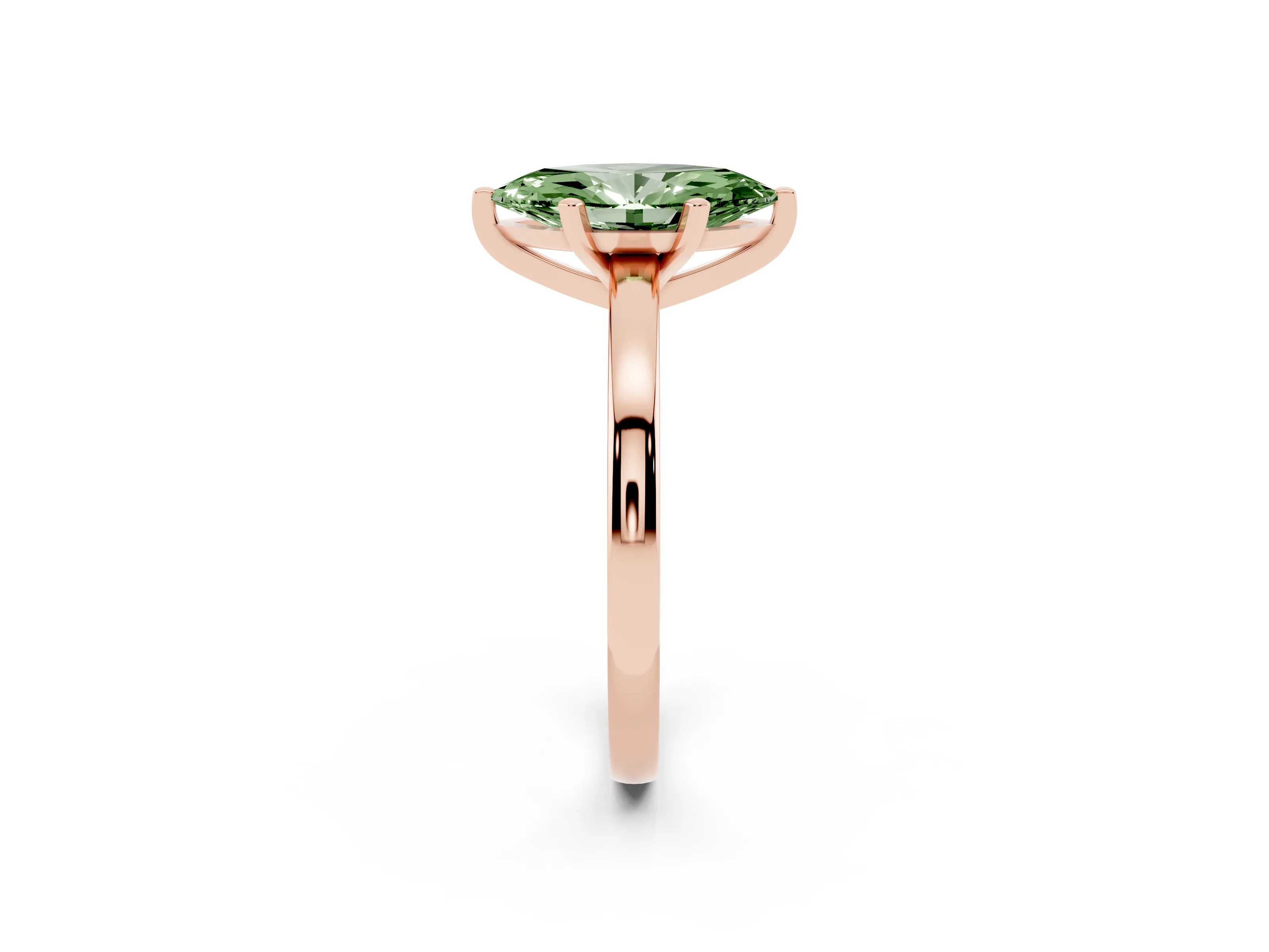 Fancy Green Marquise Cut Diamond Solitaire Engagement Ring Set in Rose gold with Prong Setting on a Classic Band