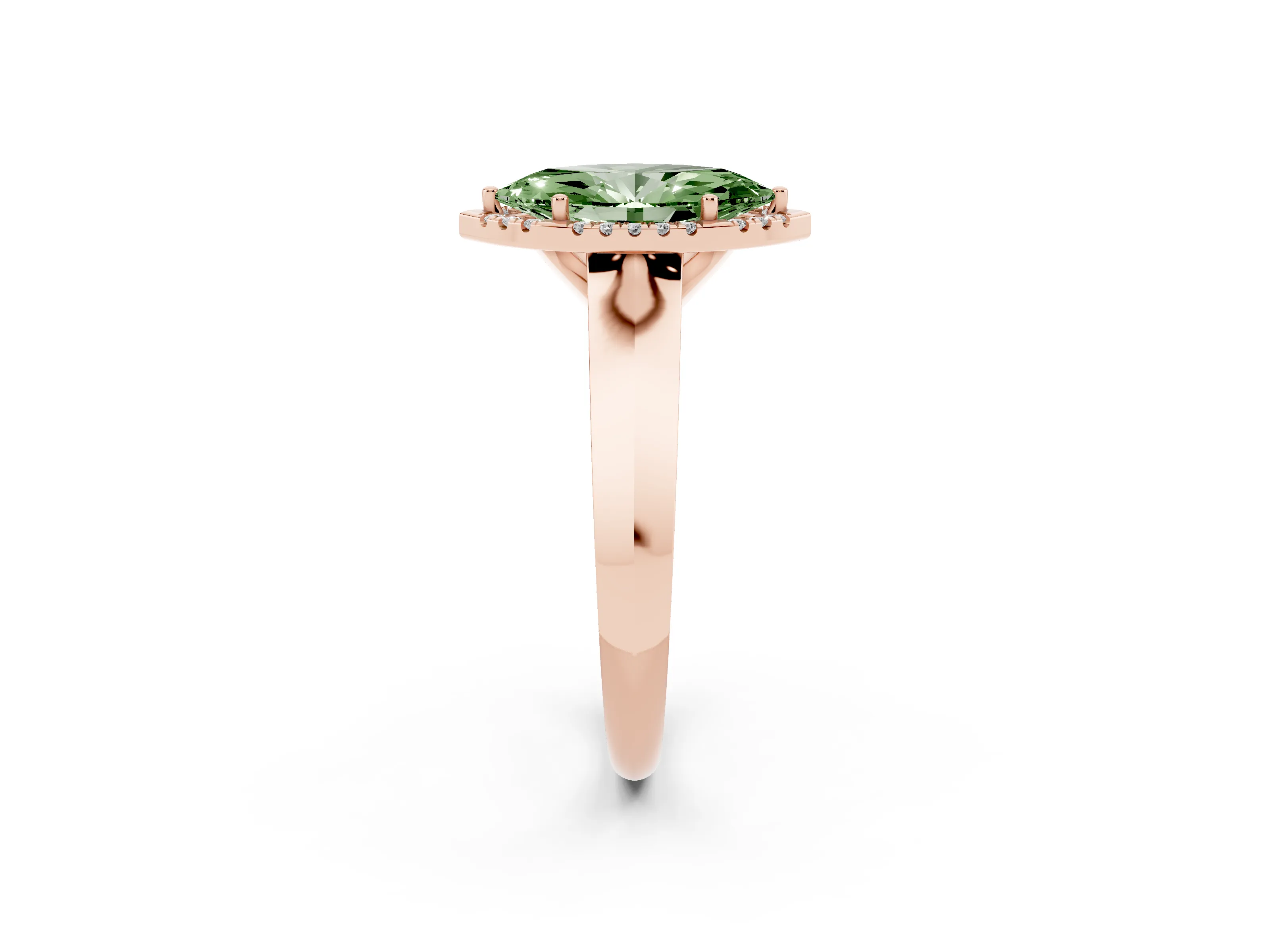 Fancy Green Marquise Cut Diamond Halo Ring Set in Rose gold with Cathedral Band and Prong Setting
