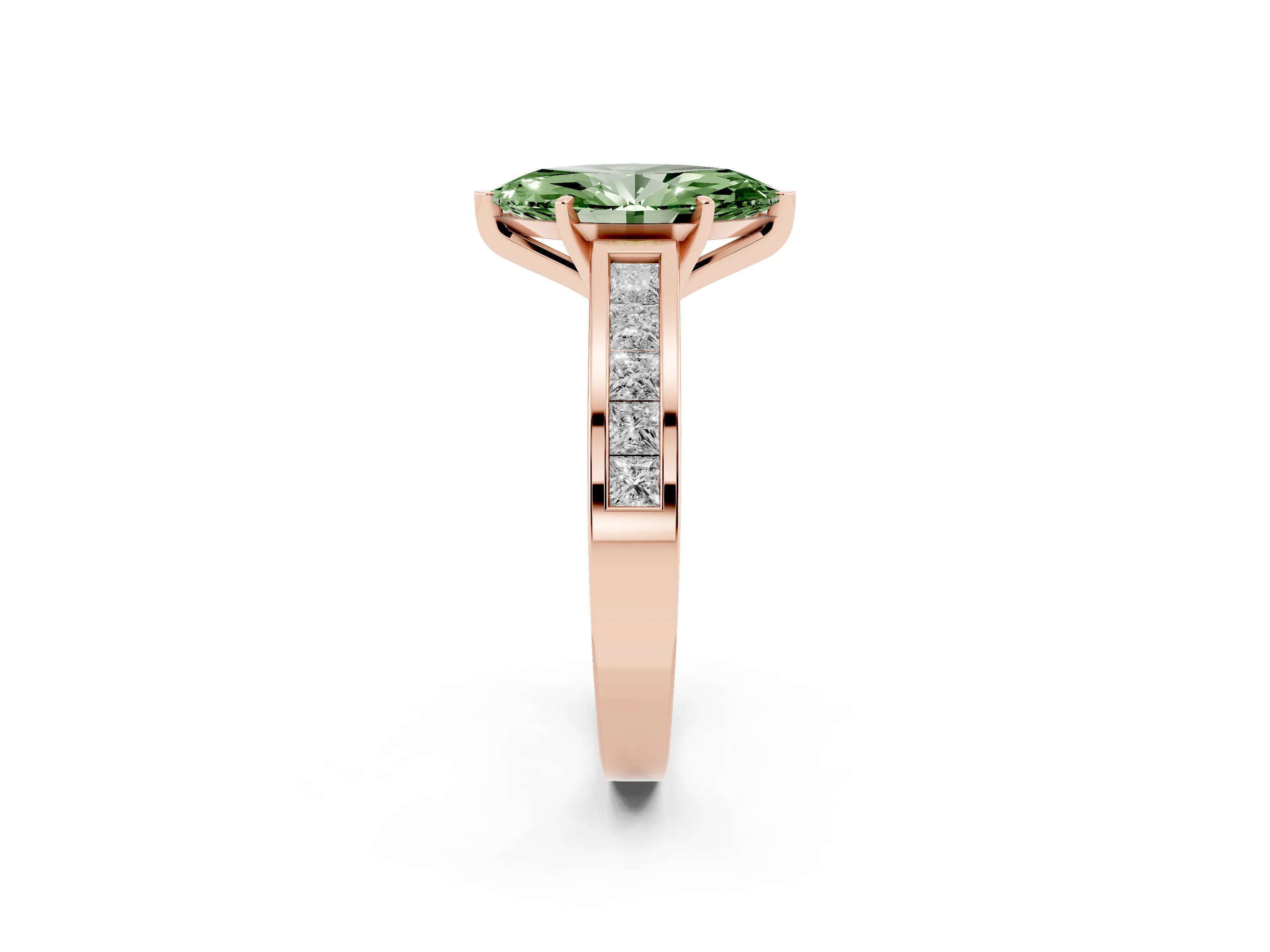 Fancy Green Marquise Cut Diamond Solitaire Ring Set in Rose gold with Channel-Set Band and Prong Setting