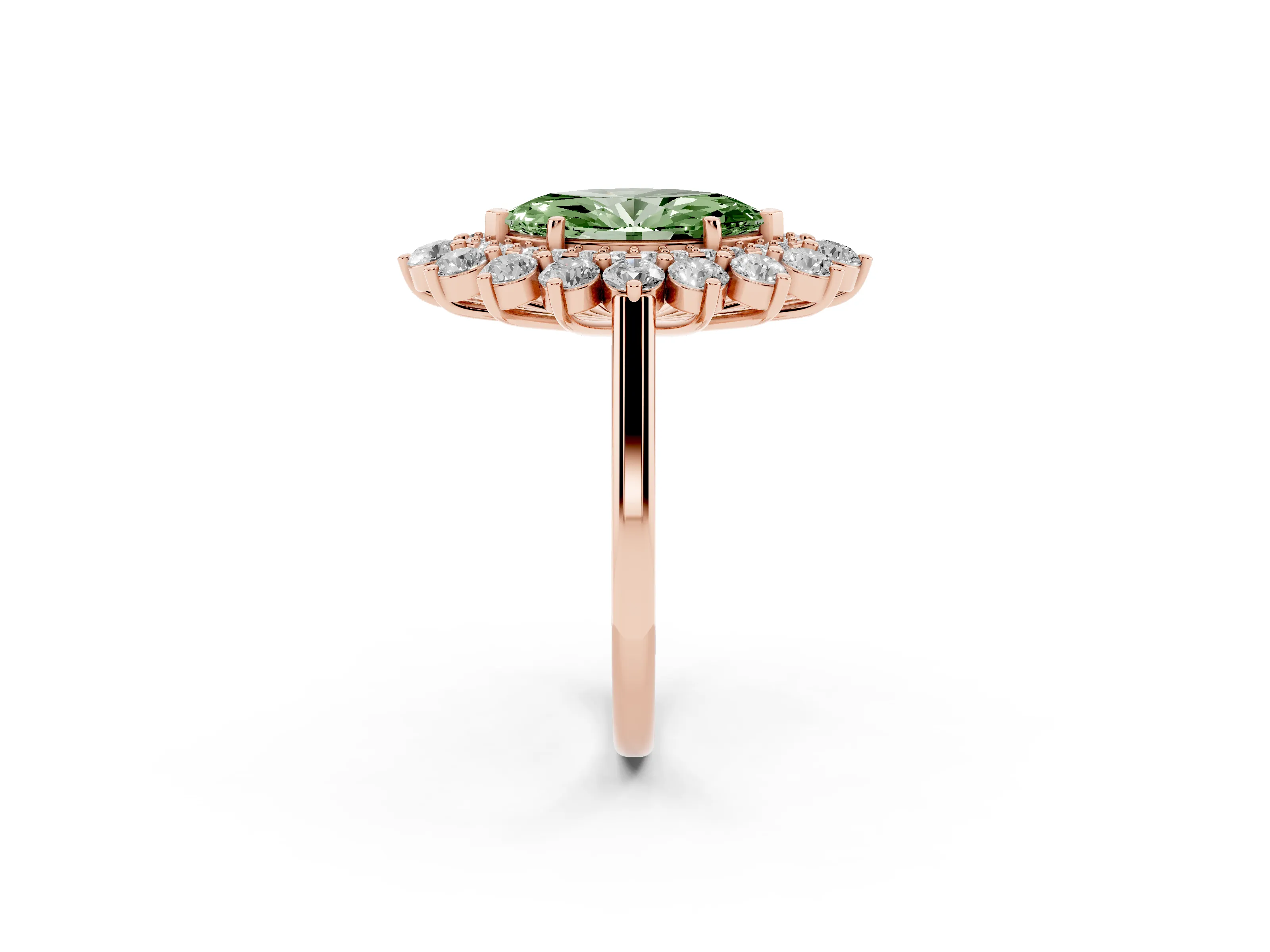 Fancy Green Marquise Cut Diamond Floral Double Halo Ring Set in Rose gold with Round Petals