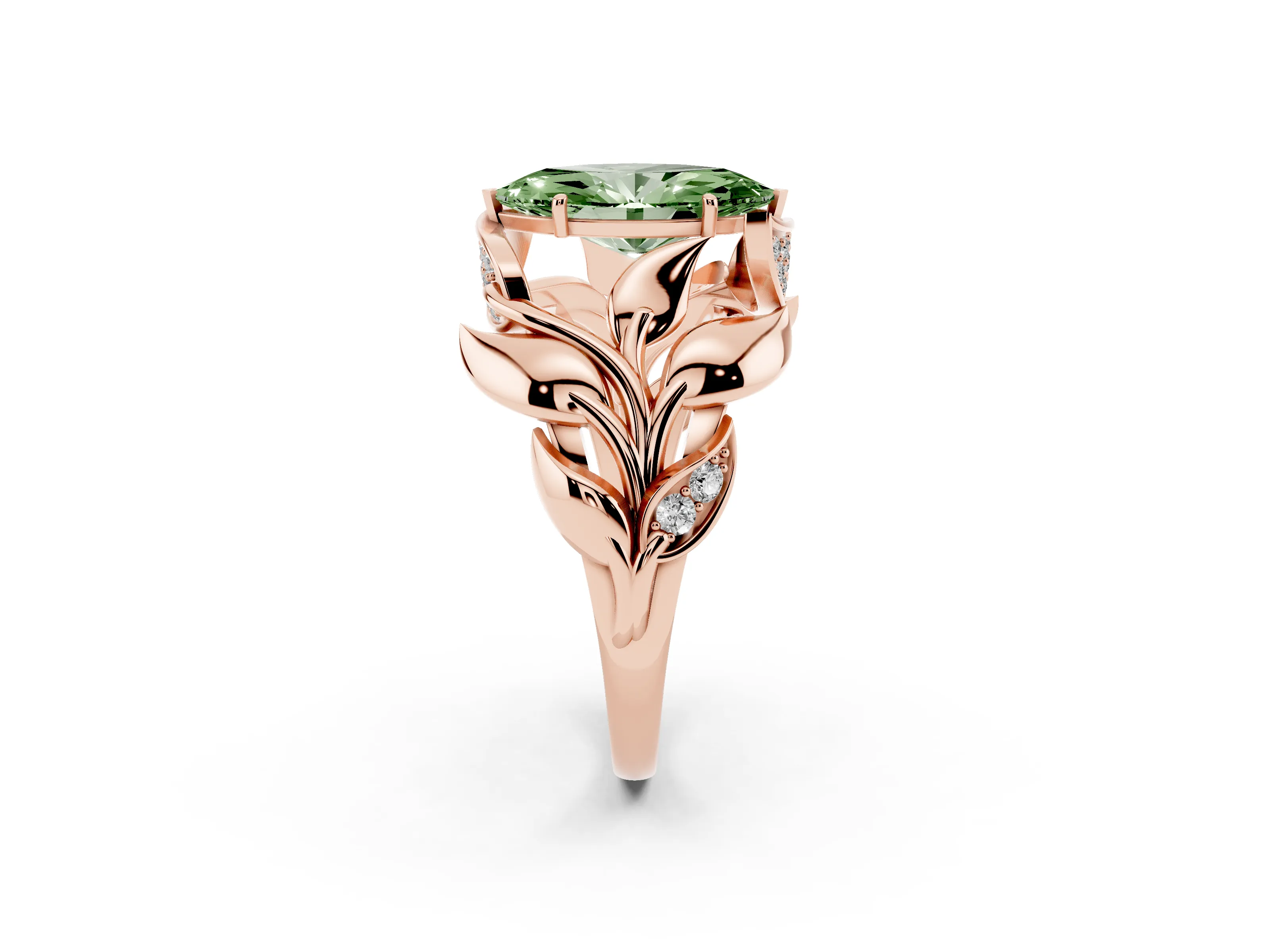 Fancy Green Marquise Cut Diamond Leaf-Inspired Engagement Ring Set in Rose gold with Round Accents