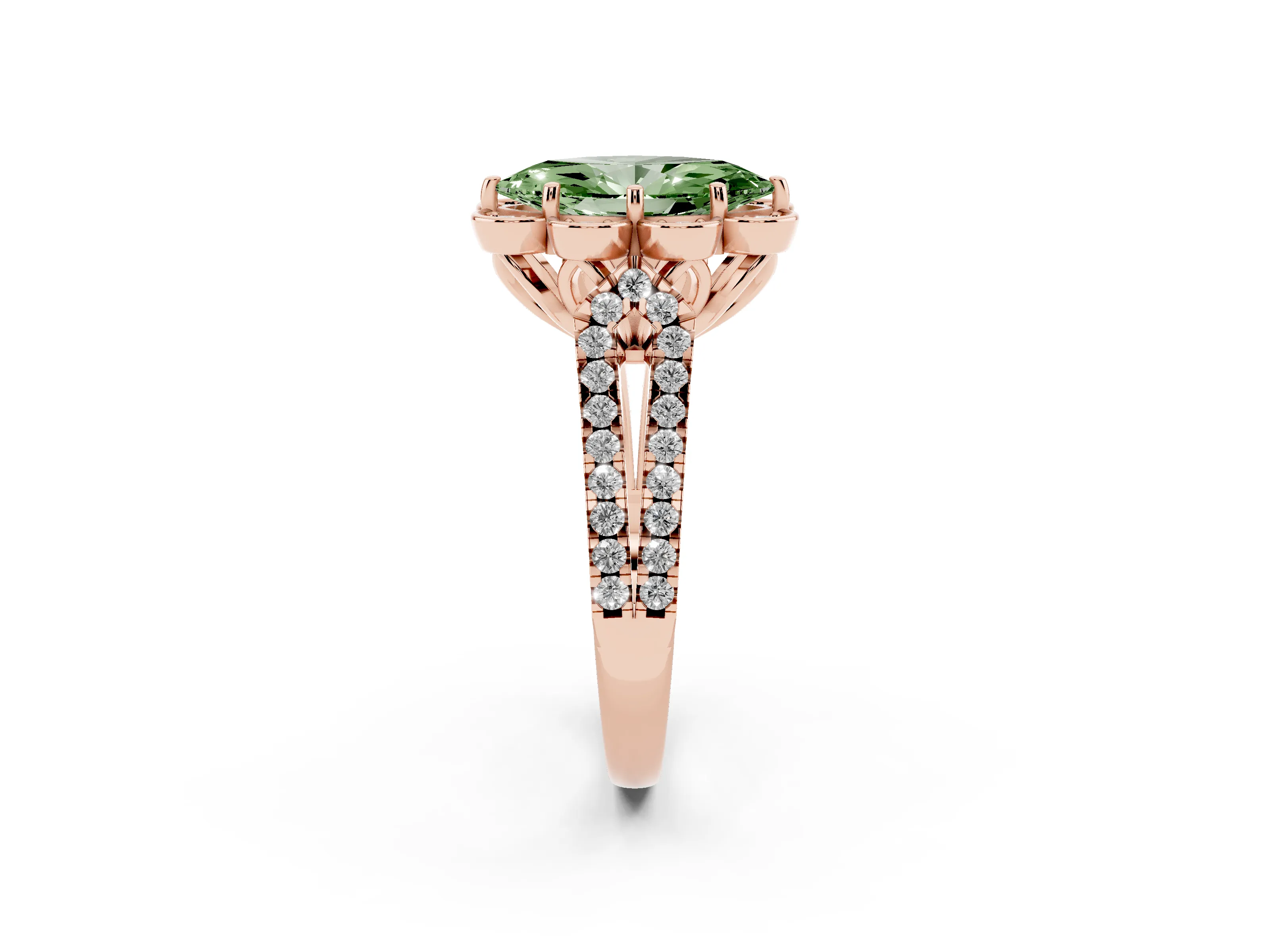 Fancy Green Marquise Cut Diamond Floral Halo Split Shank Engagement Ring Set in Rose gold with Pavé Shank