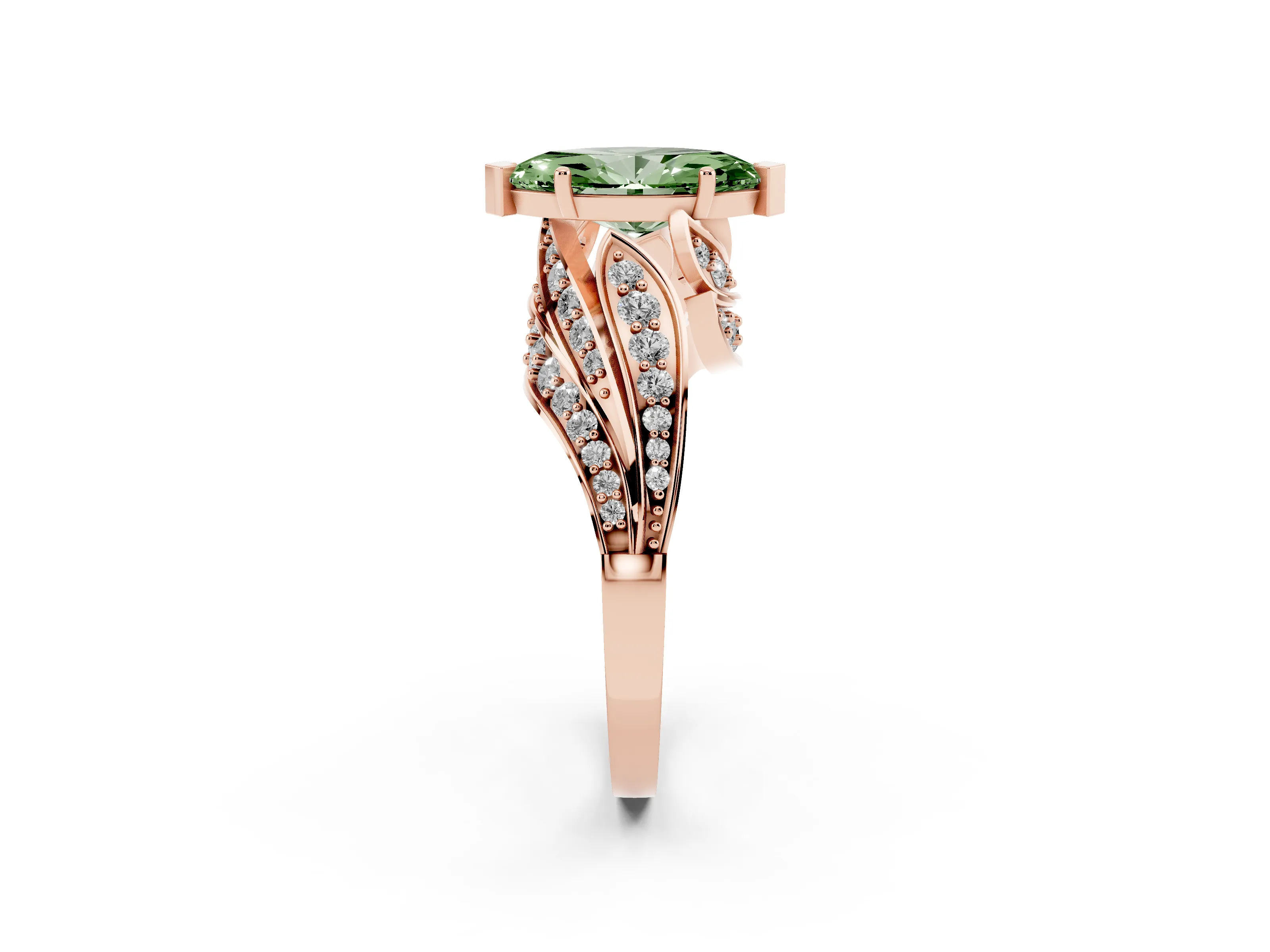 Fancy Green Marquise Cut Diamond Solitaire Ring Set in Rose gold with Layered Twist Pavé Band