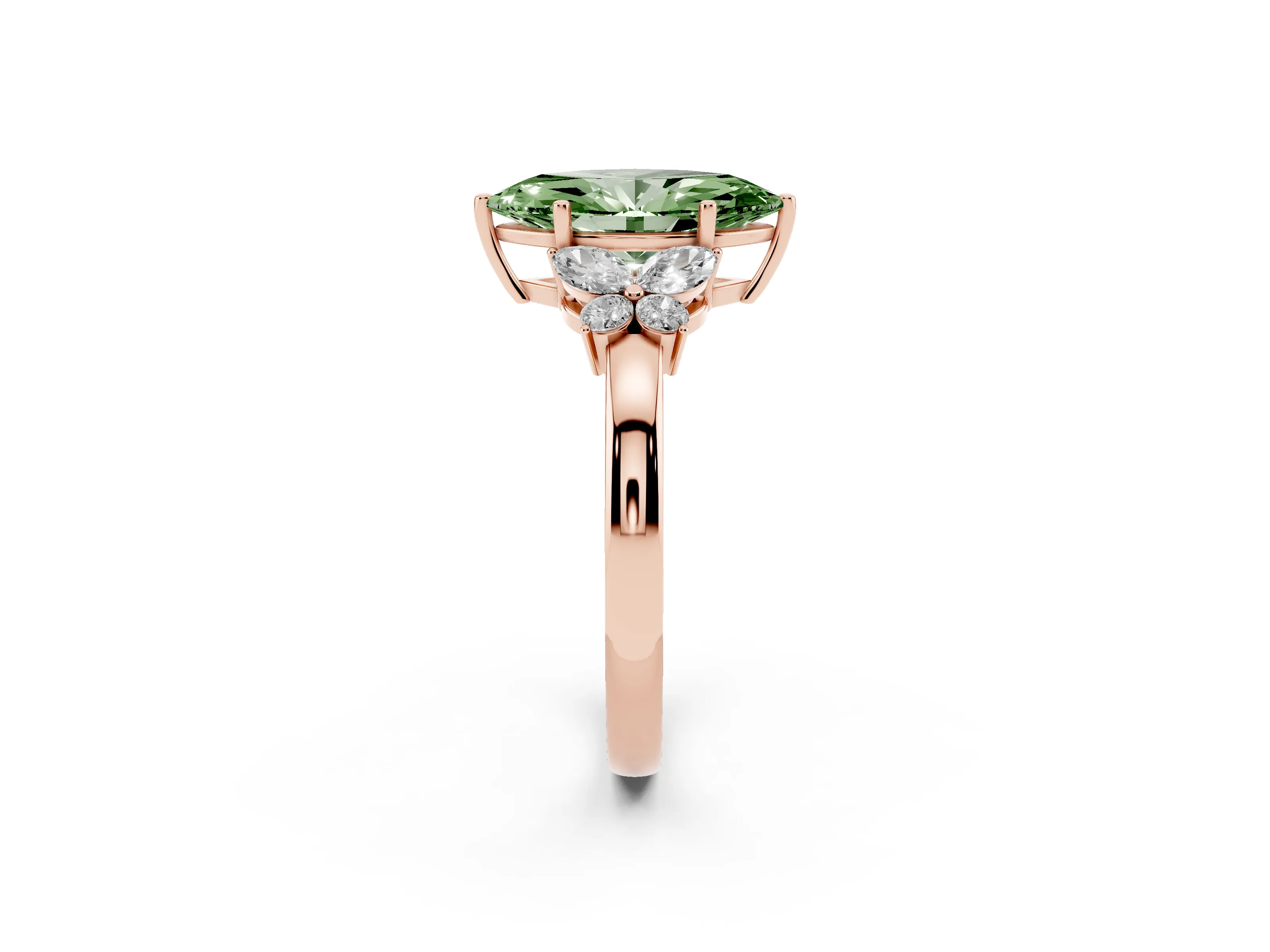 Fancy Green Marquise Cut Diamond Solitaire Floral Ring Set in Rose gold with Marquise Petals and Prong Setting