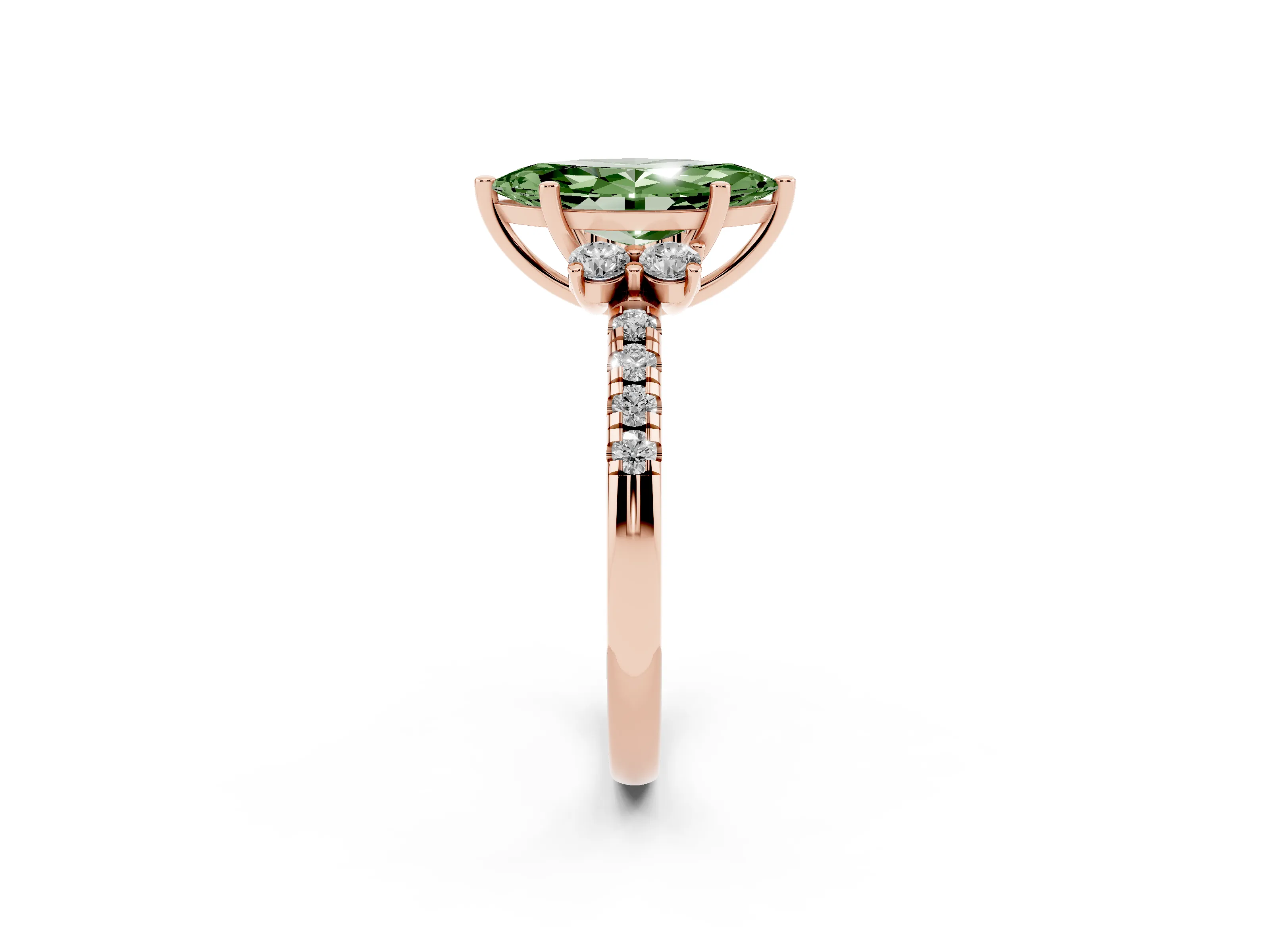 Fancy Green Marquise Cut Diamond Three-Stone Pavé Ring Set in Rose gold with Prong Setting