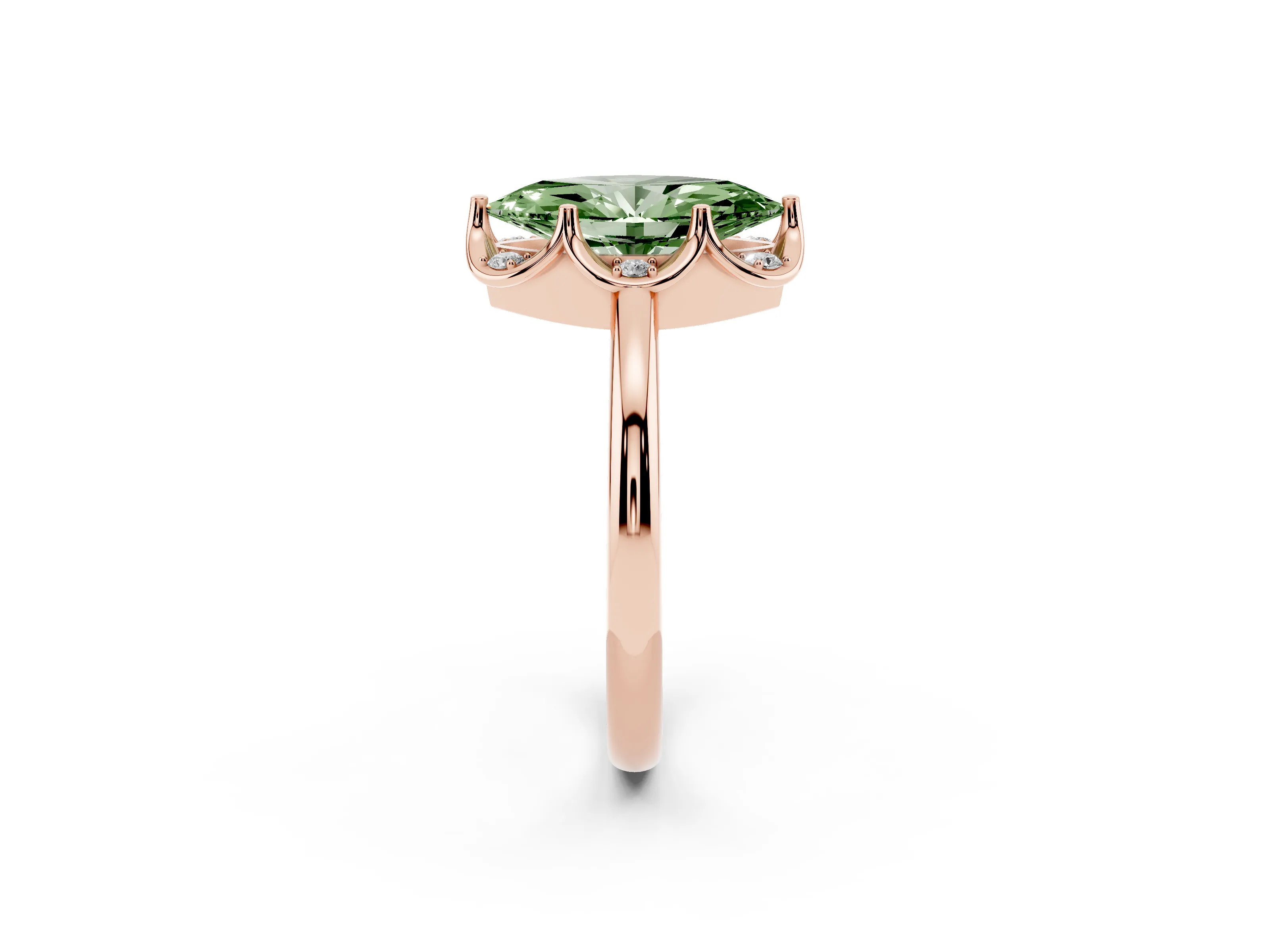 Fancy Green Marquise Cut Diamond Round Cluster Halo Ring Set in Rose gold with Solitaire Band and Prong Setting