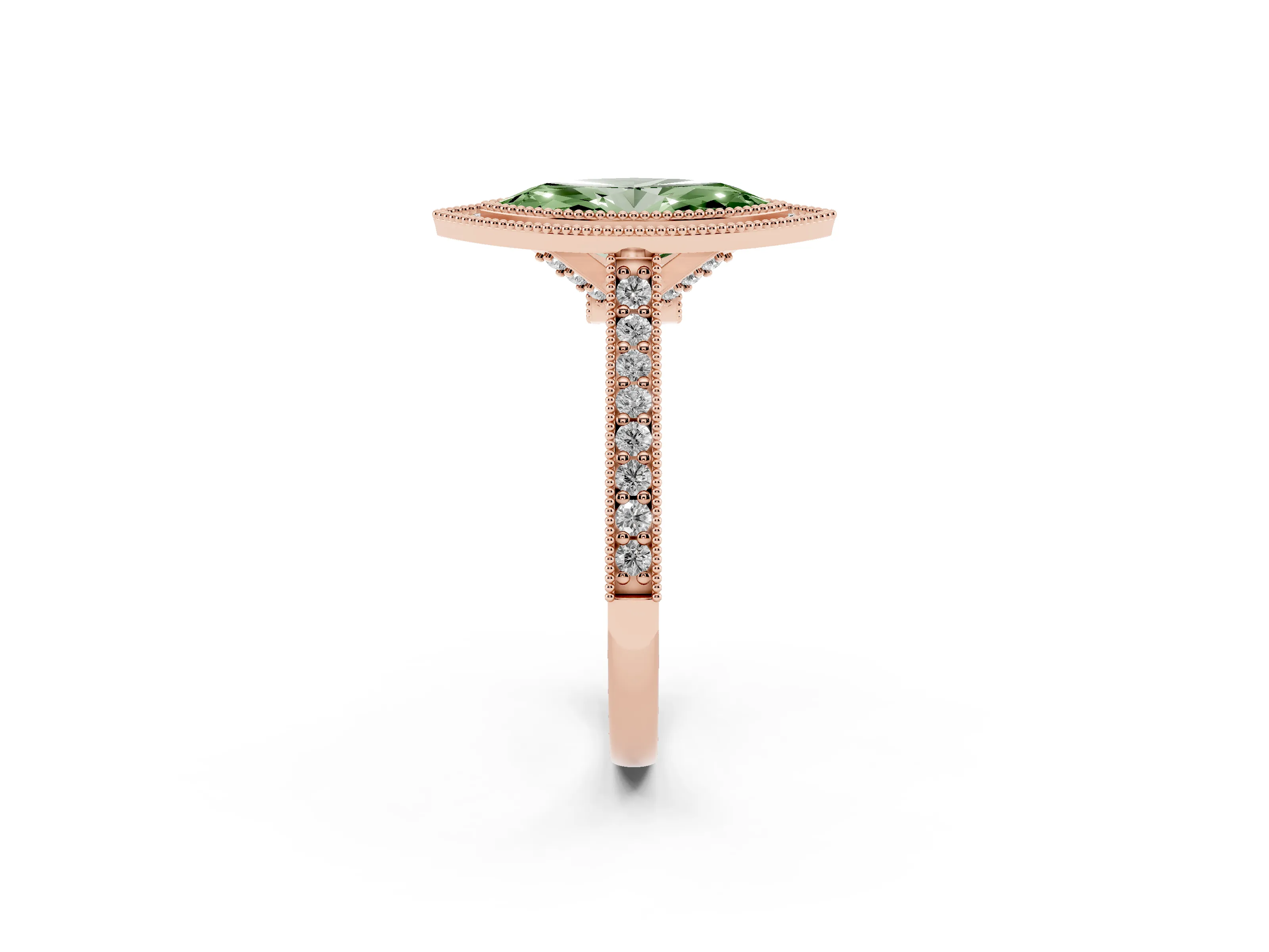 Fancy Green Marquise Cut Diamond Halo Milgrain Pavé Band Ring Set in Rose gold with Prong Setting