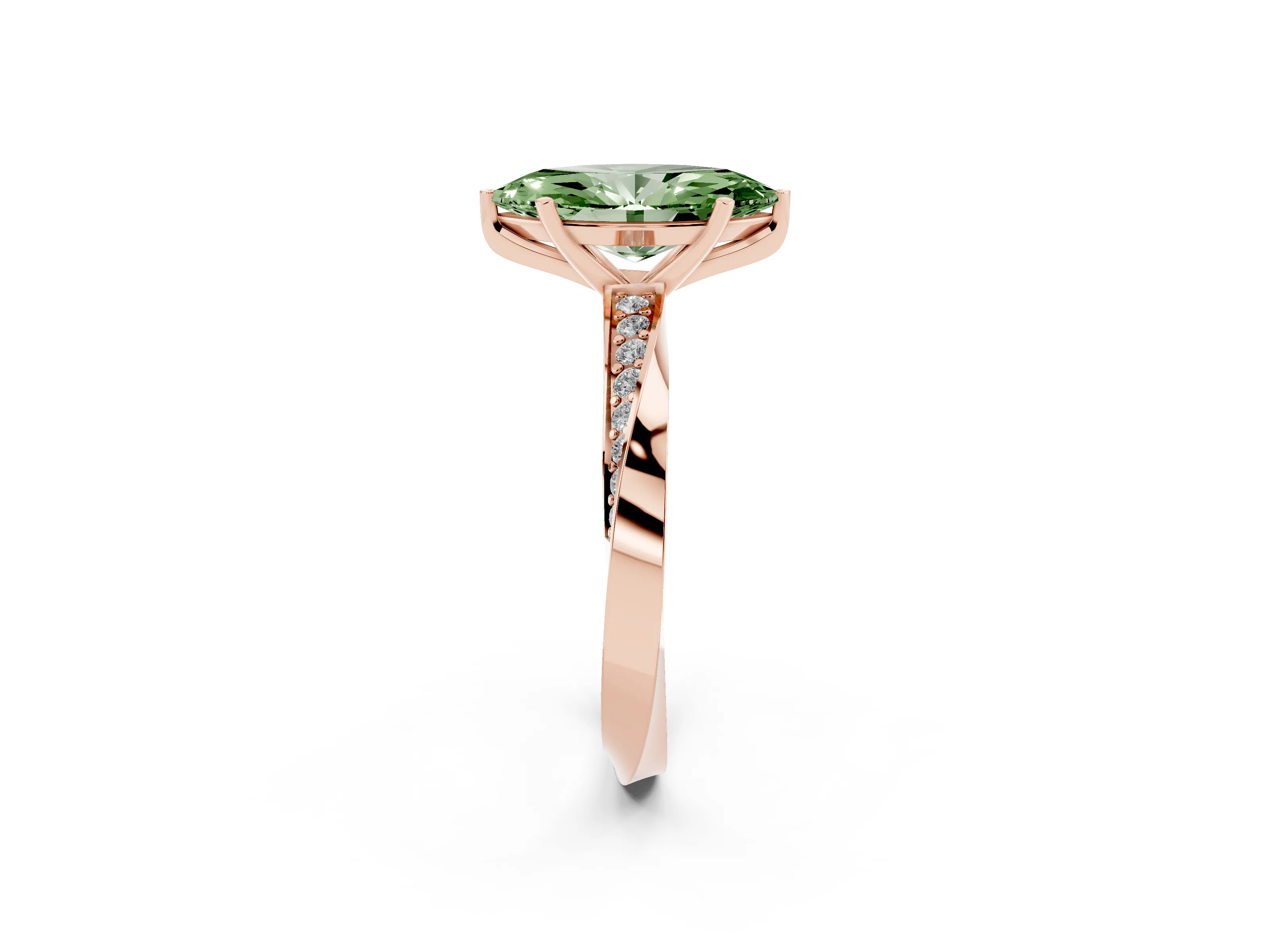 Fancy Green Marquise Cut Diamond Engagement Ring Set in Rose gold with Side Stone Accents and Prong Setting