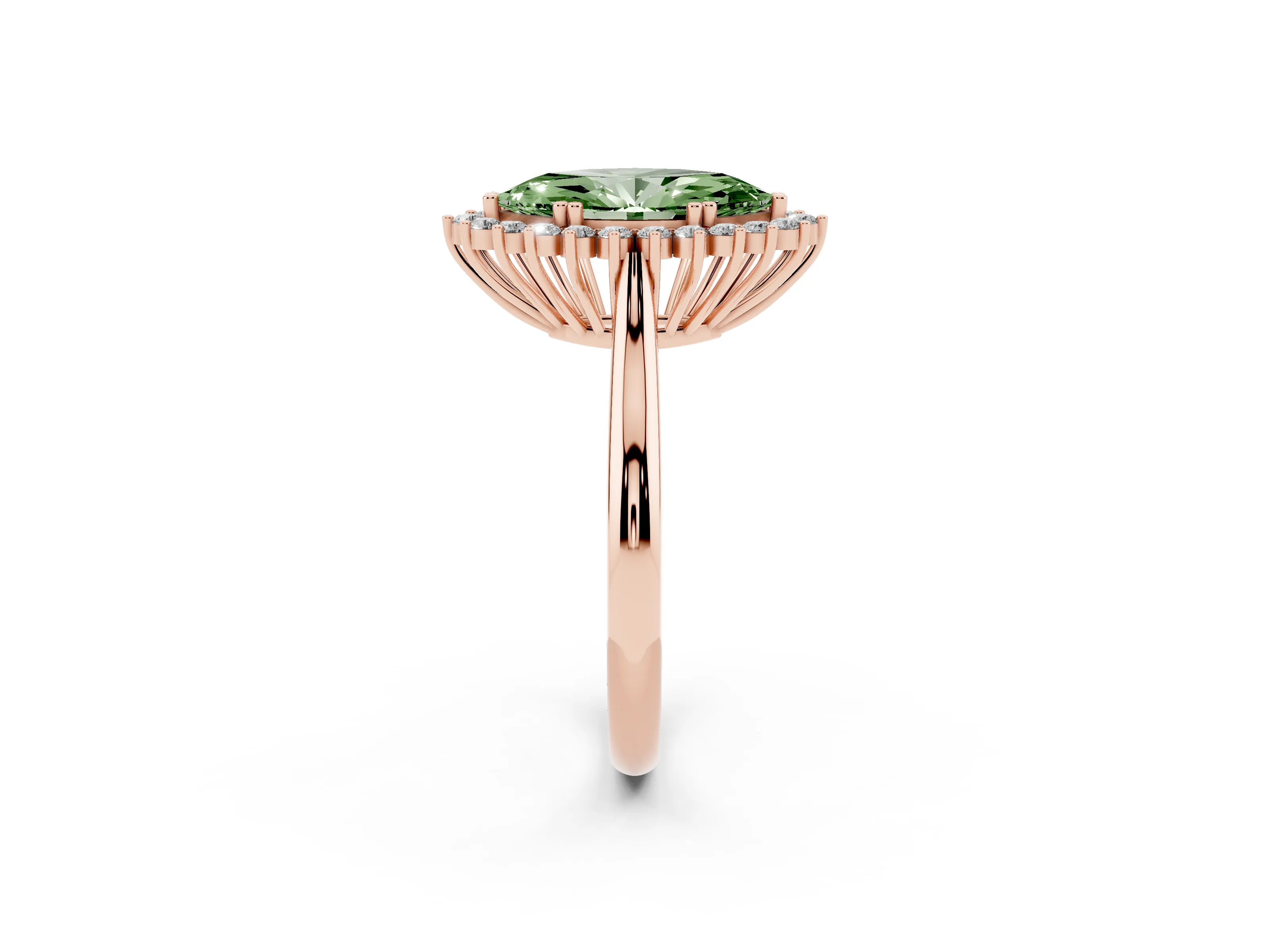 Fancy Green Marquise Cut Diamond Halo Ring Set in Rose gold with Plain Solitaire Band and Prong Setting