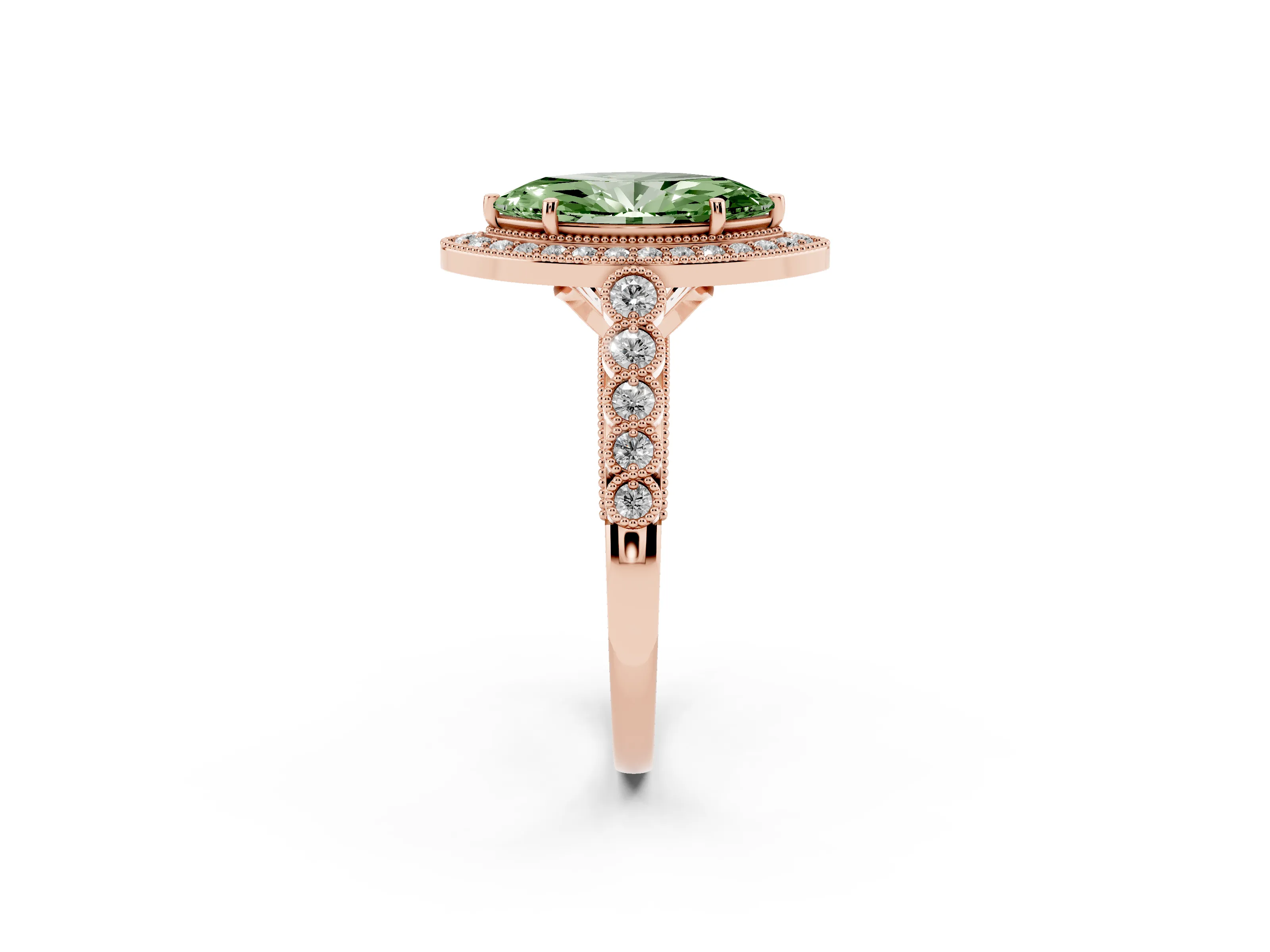 Fancy Green Marquise Cut Diamond Milgrain Halo Solitaire Ring Set in Rose gold with Bezel Set Side Stones and Pavé Band