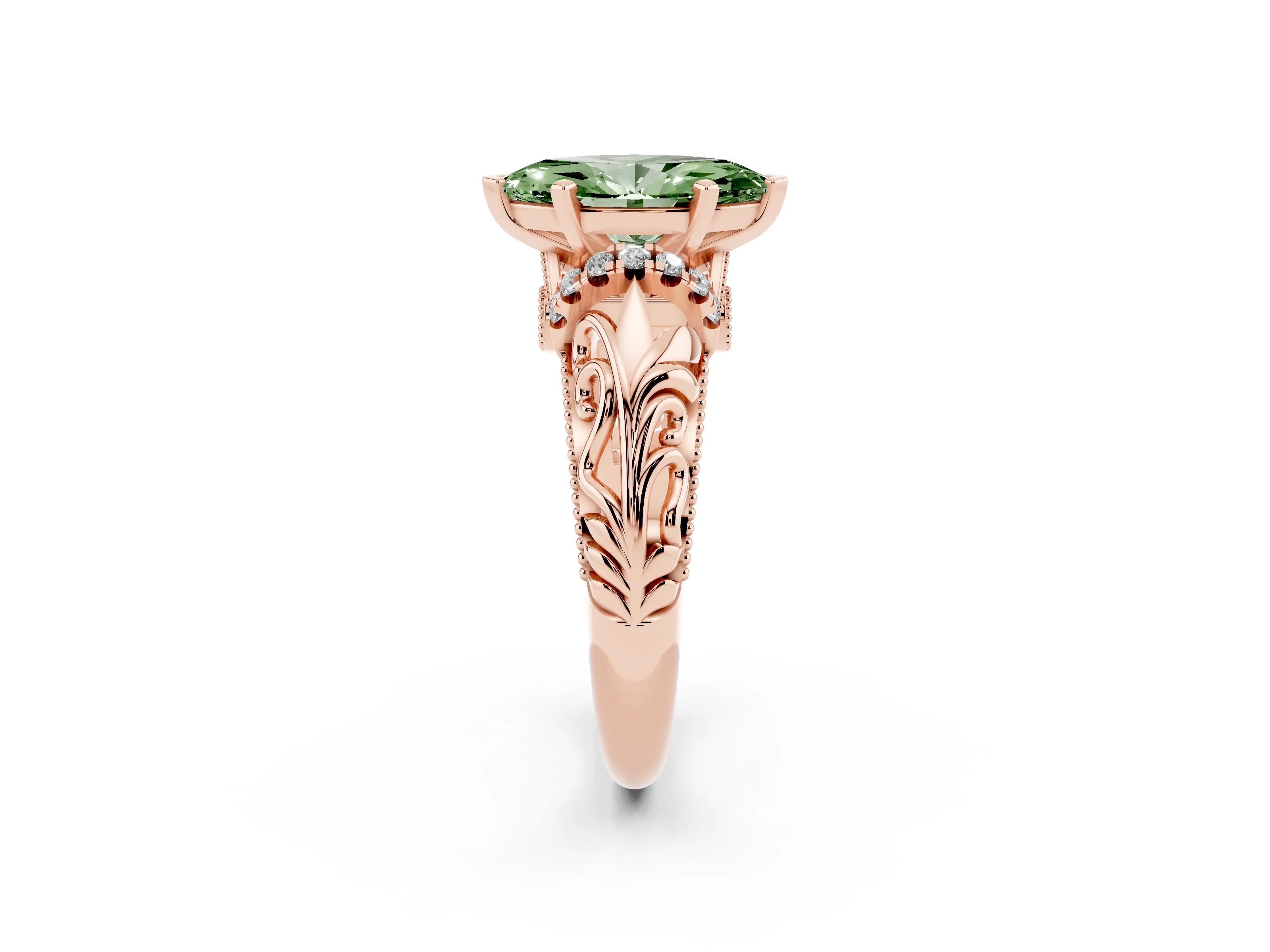 Fancy Green Marquise Cut Diamond Filigree Halo Engagement Ring Set in Rose gold with Prong Setting