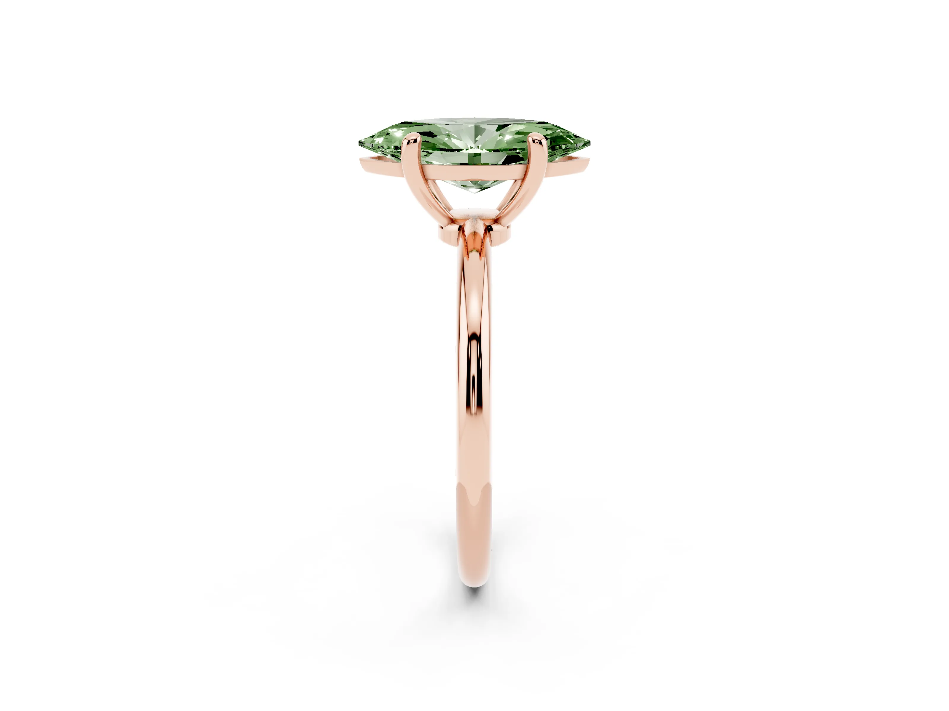 Fancy Green Marquise Cut Diamond Solitaire Ring Set in Rose gold with Secure Prong Setting on a Classic Band