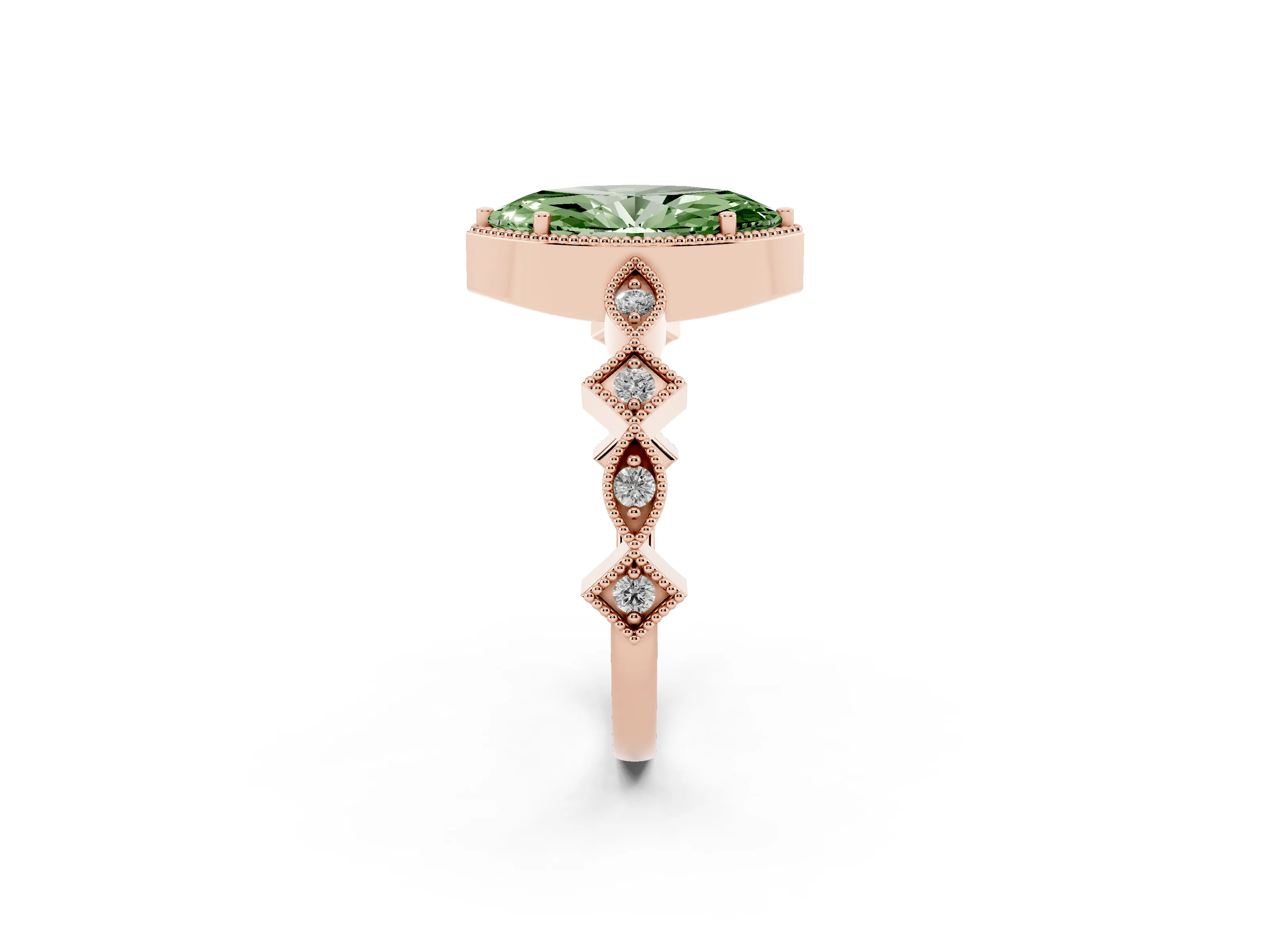 Fancy Green Marquise Cut Diamond Milgrain Marquise Twist Band Ring Set in Rose gold with Prong Setting