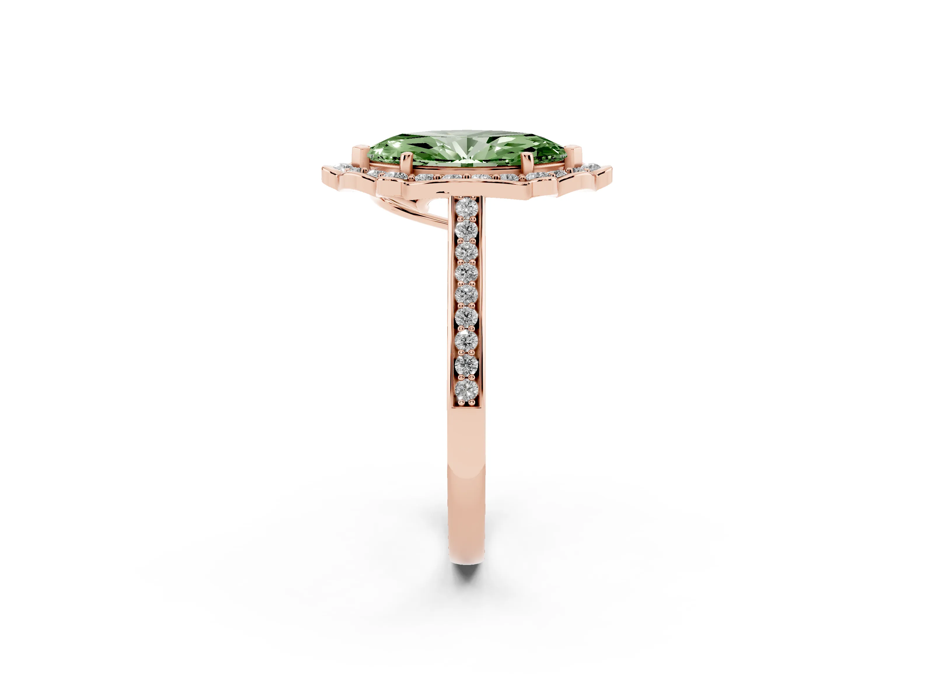 Fancy Green Marquise Cut Diamond Halo Ring Set in Rose gold with Pavé-Lined Shoulders and Prong Setting