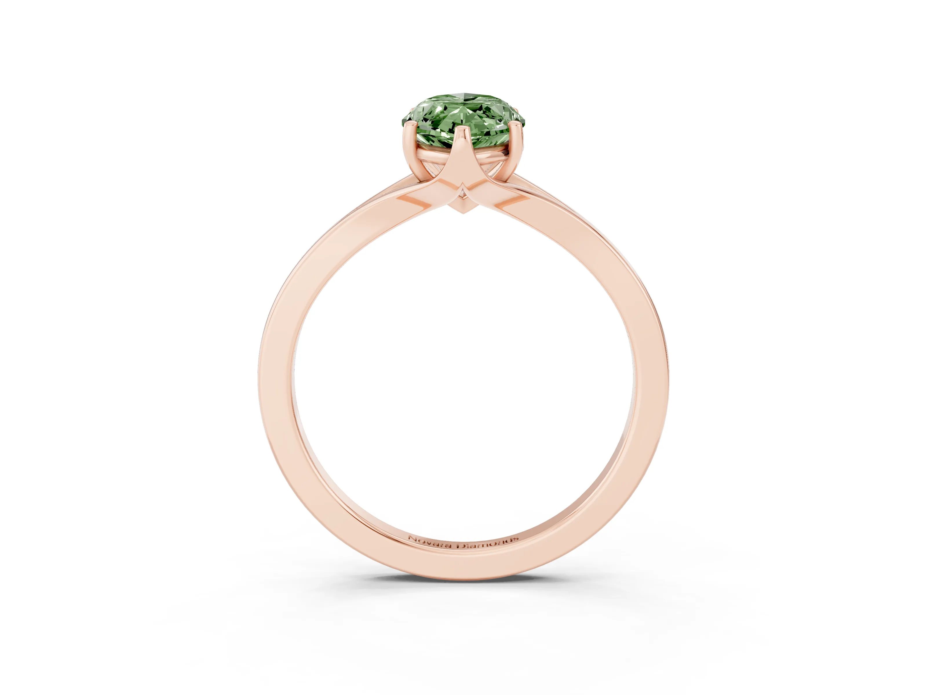 Fancy Green Marquise Cut Diamond Solitaire Ring Set in Rose gold with Polished Tapered Band and Prong Setting