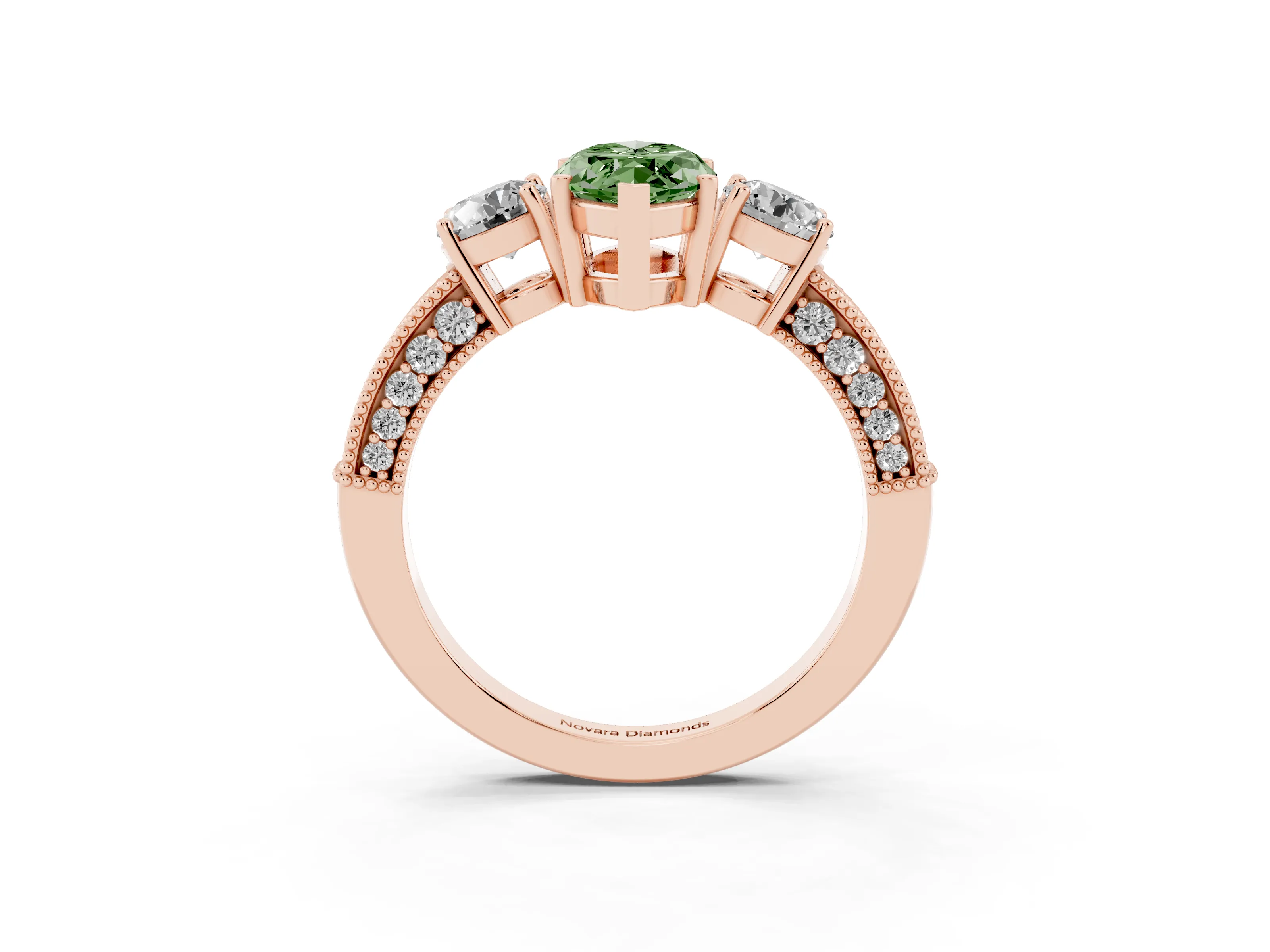 Fancy Green Marquise Cut Diamond Three-Stone Ring Set in Rose gold with Round Side Stones and Pavé Band