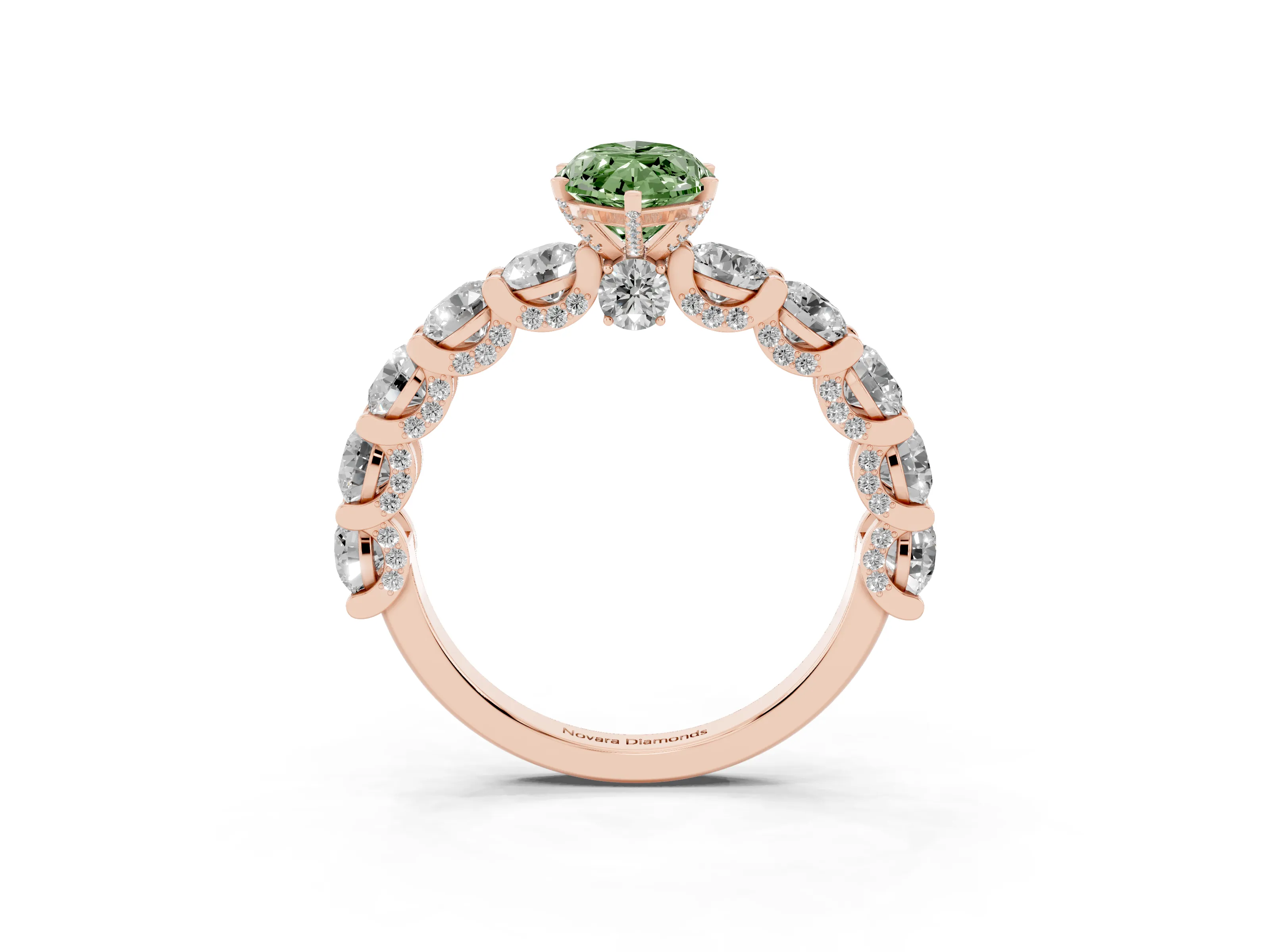 Fancy Green Marquise Cut Diamond Side Stone Ring Set in Rose gold with Alternating Round and Oval Side Stones