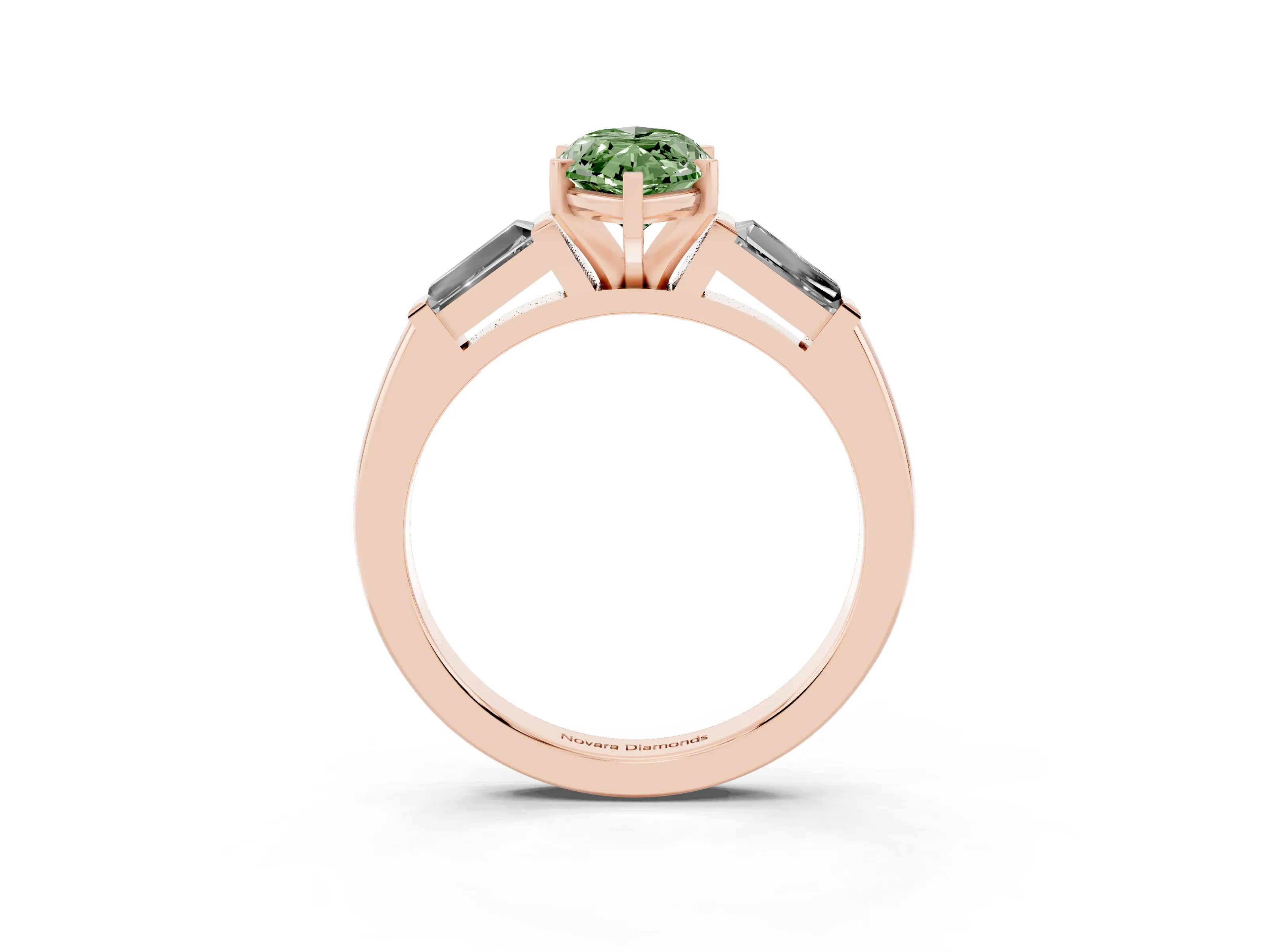 Fancy Green Marquise Cut Diamond Solitaire Ring Set in Rose gold with Tapered Baguette Side Stones and Prong Setting