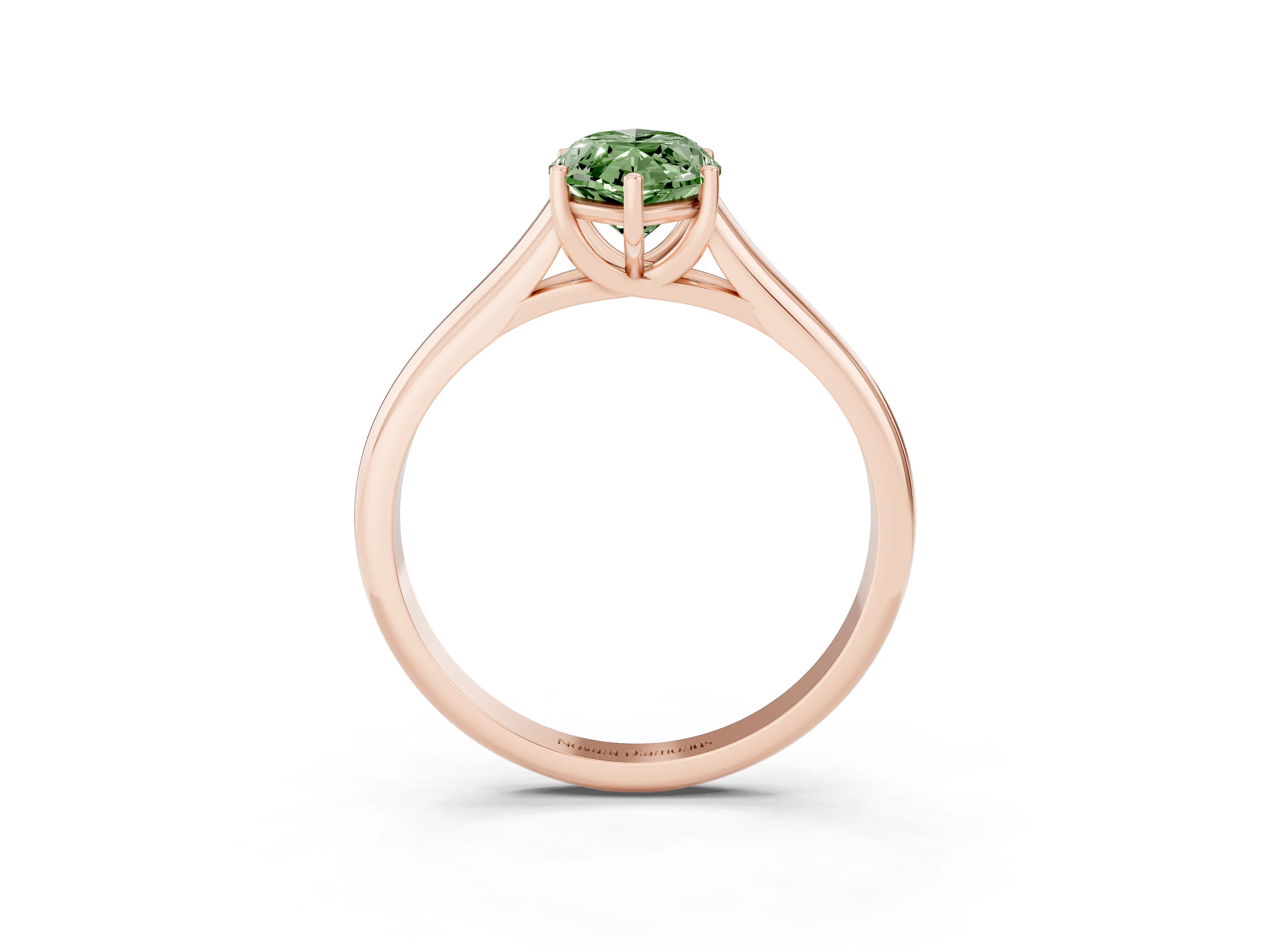 Fancy Green Marquise Cut Diamond Solitaire Engagement Ring Set in Rose gold with Subtly Tapered Band and Prong Setting