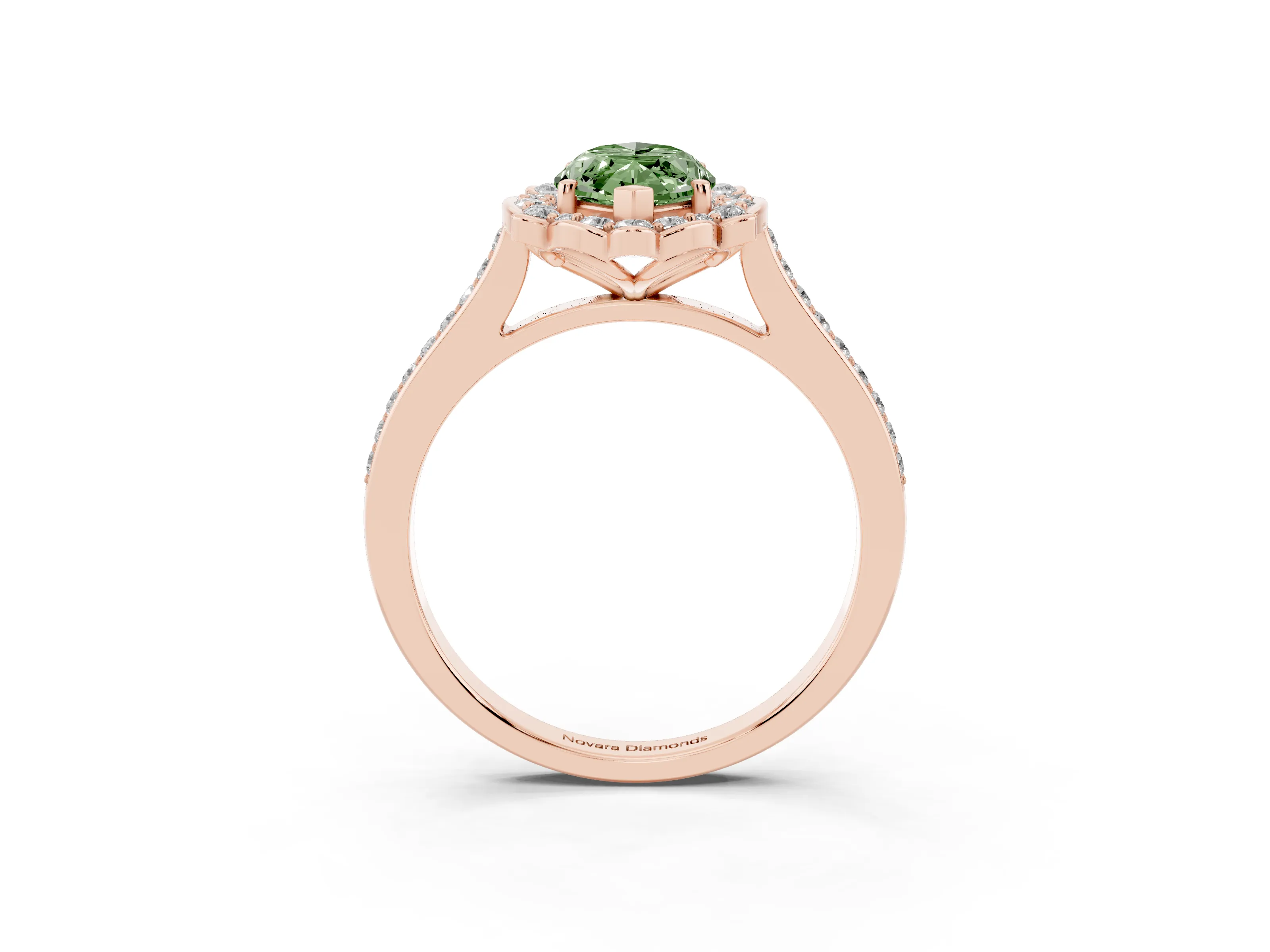 Fancy Green Marquise Cut Diamond Halo Ring Set in Rose gold with Pavé-Lined Shoulders and Prong Setting