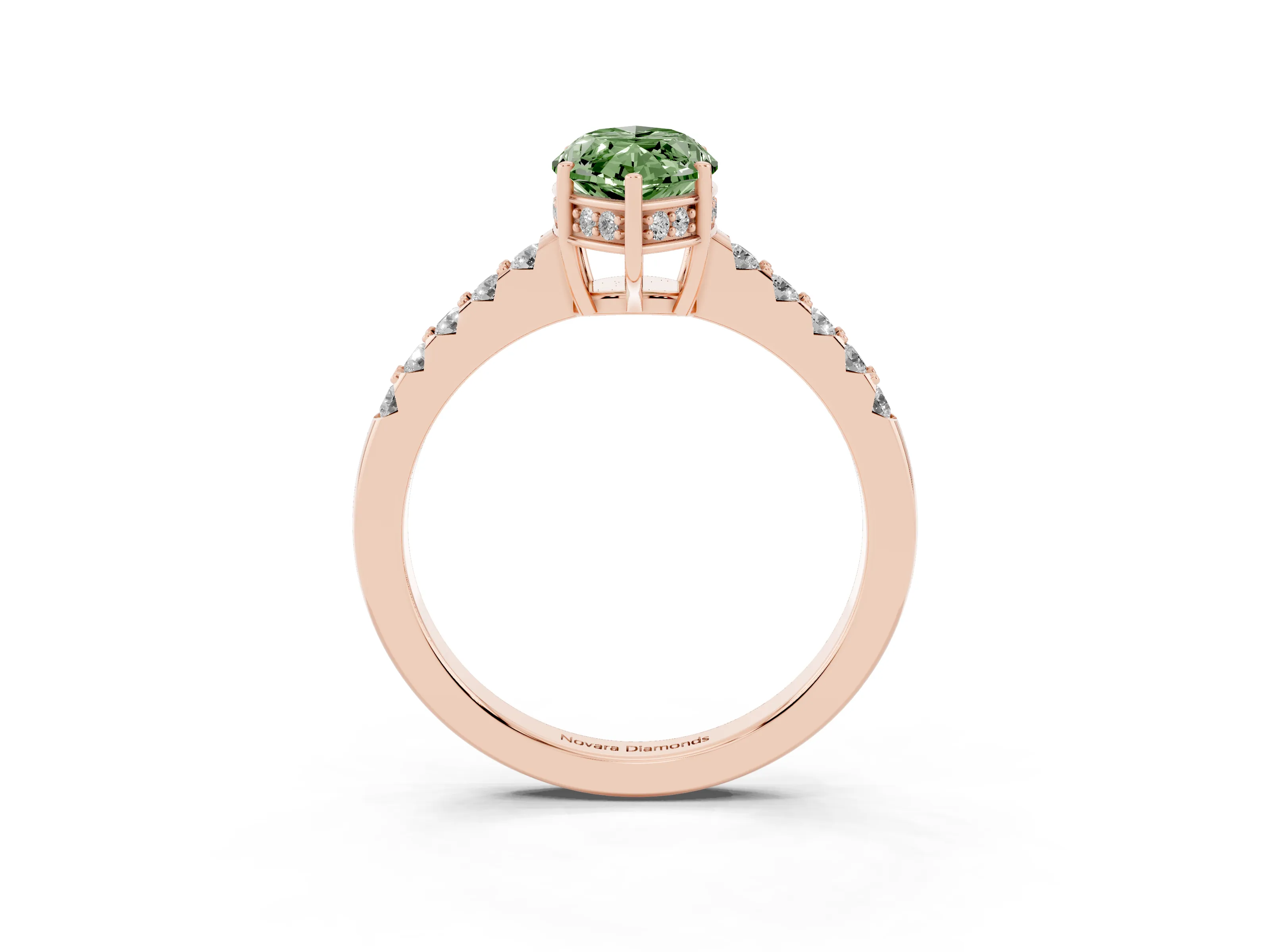 Fancy Green Marquise Cut Diamond Solitaire Engagement Ring Set in Rose gold with Pavé Band and Prong Setting