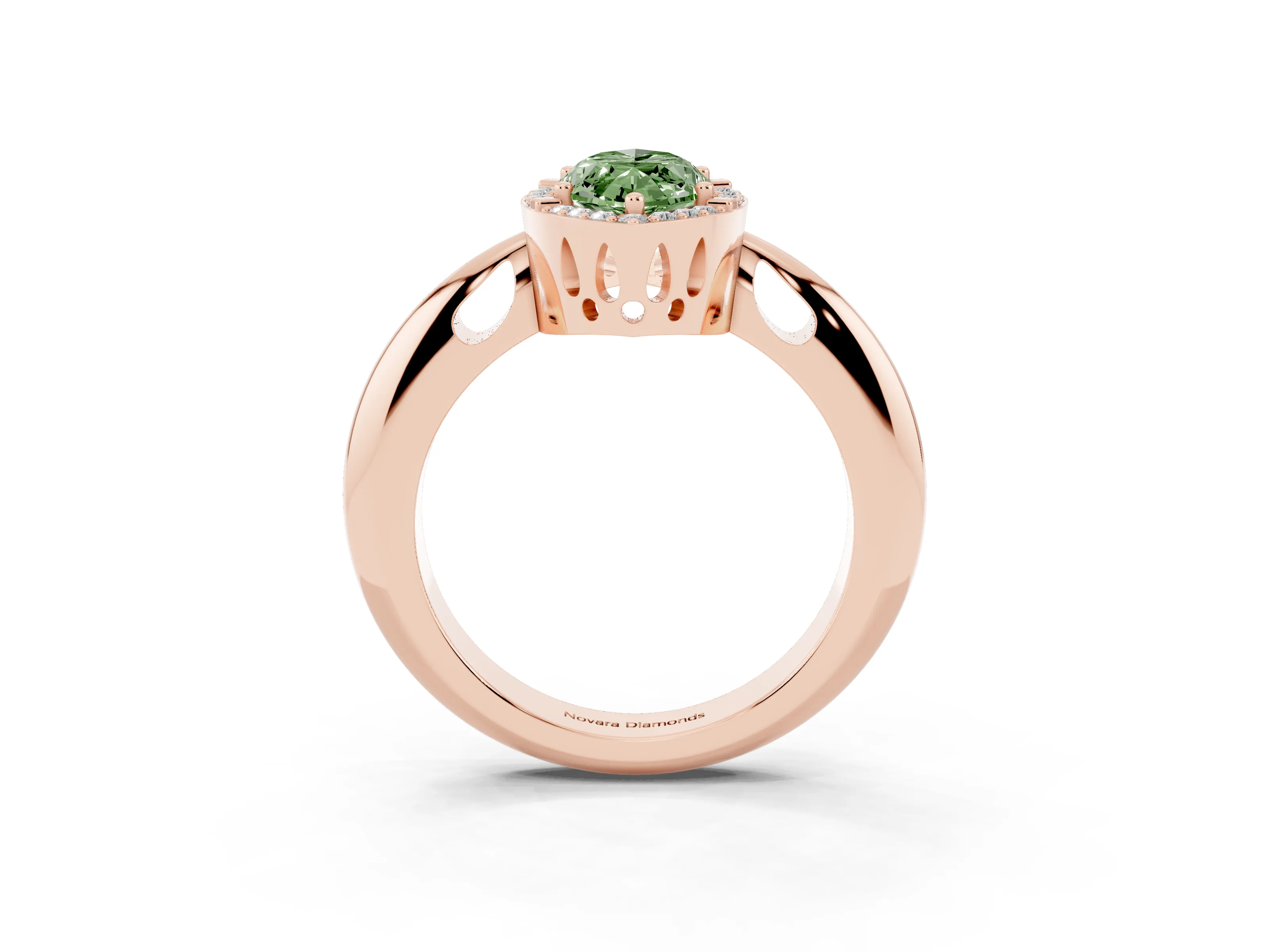 Fancy Green Marquise Cut Diamond Halo Engagement Ring Set in Rose gold with Plain Split Shank and Prong Setting
