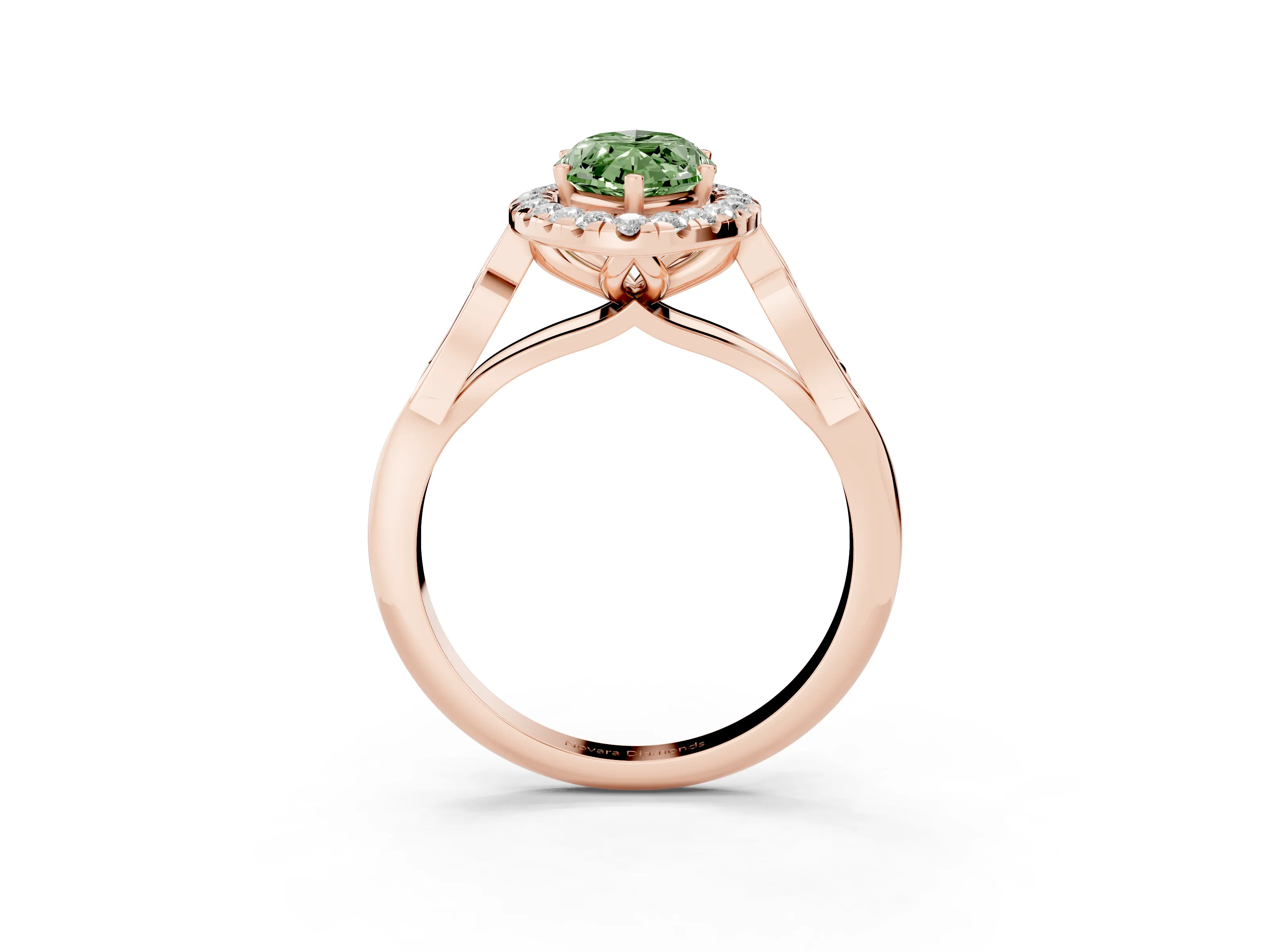 Fancy Green Marquise Cut Diamond Halo Engagement Ring Set in Rose gold with Filigree Band and Prong-Set Center