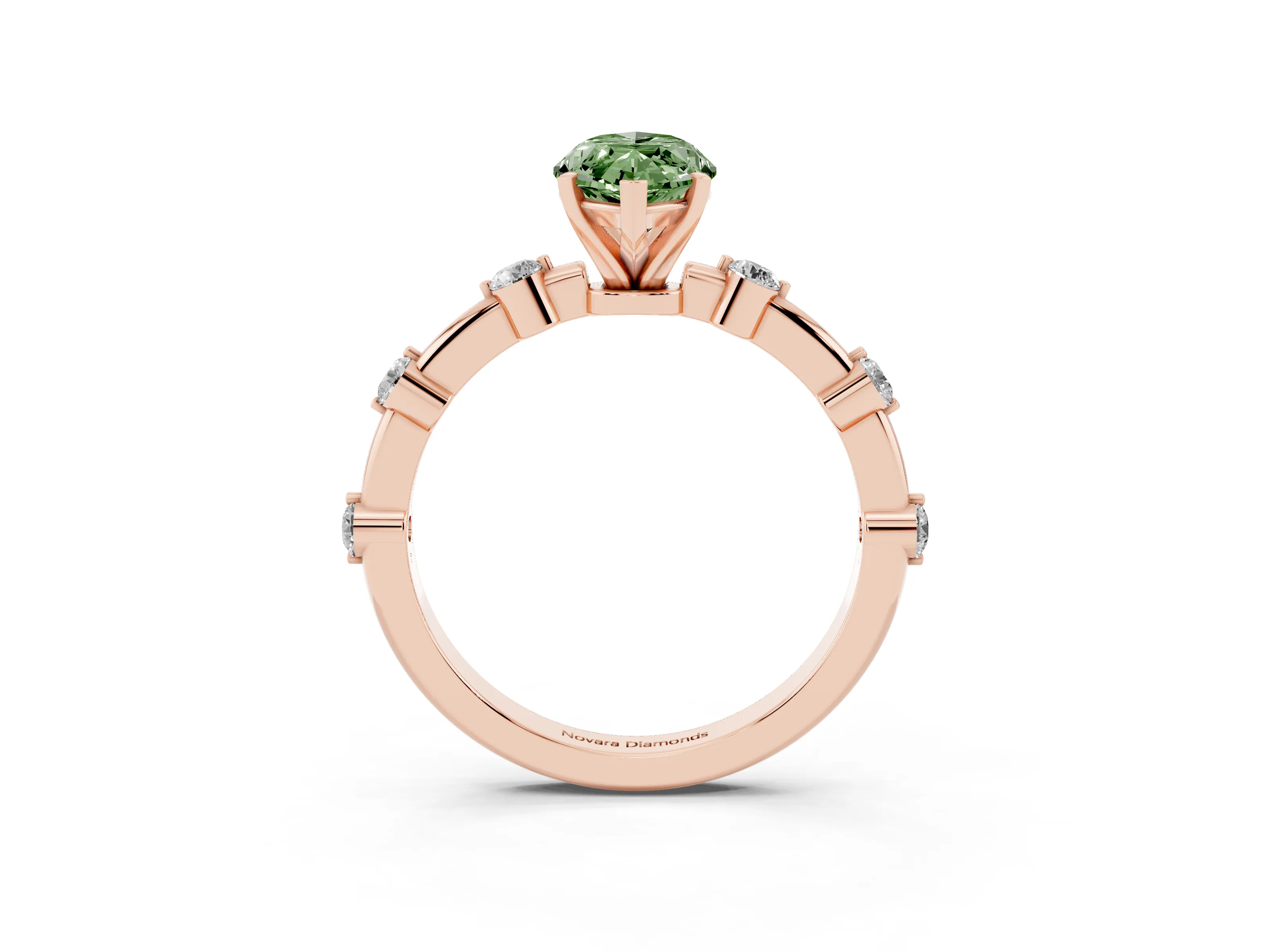 Fancy Green Marquise Cut Diamond Solitaire Ring Set in Rose gold with Bezel Set Side Stones and Prong Setting