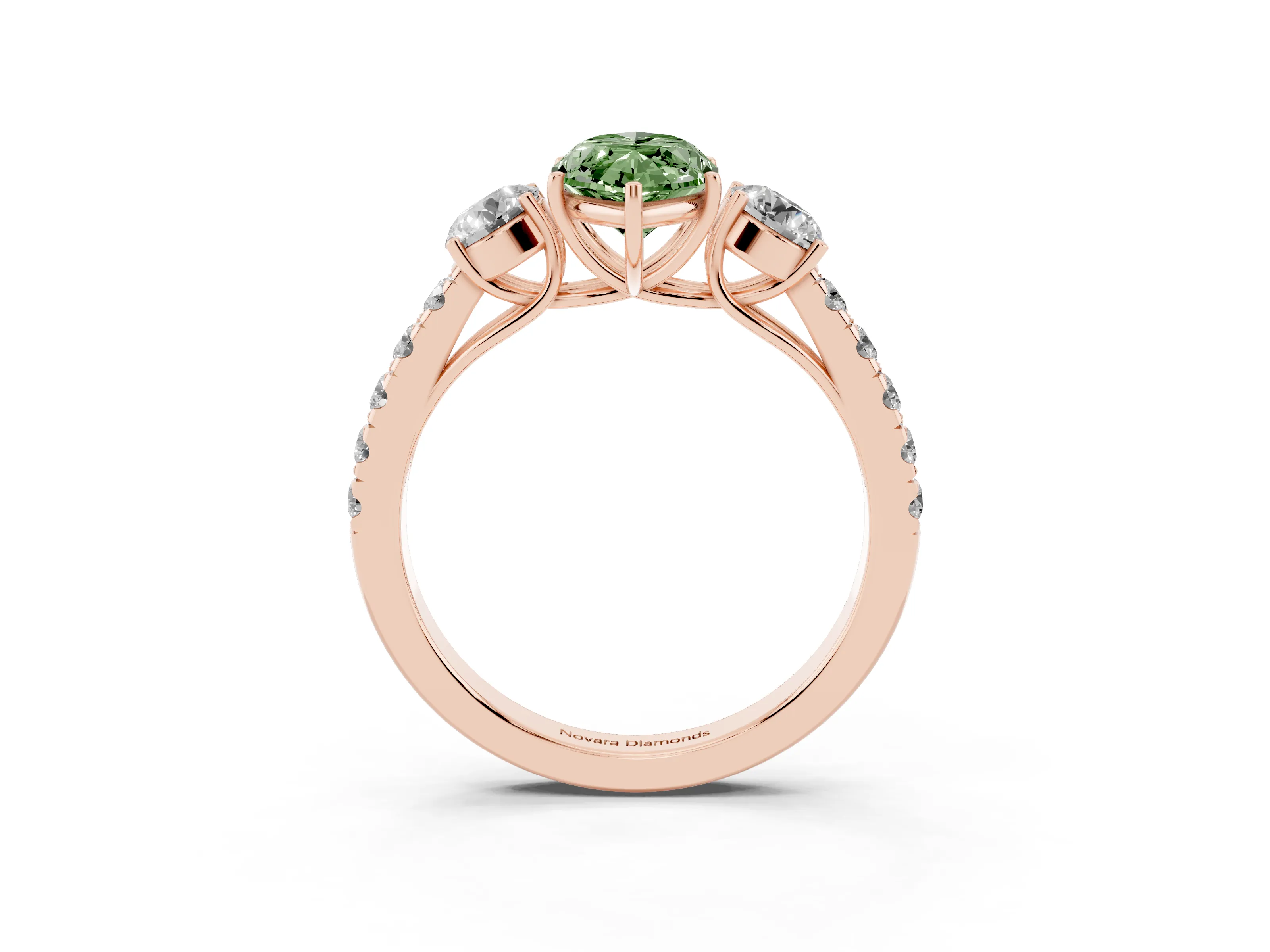 Fancy Green Marquise Cut Diamond Three-Stone Ring Set in Rose gold with Round Side Stones and Delicate Pavé Band