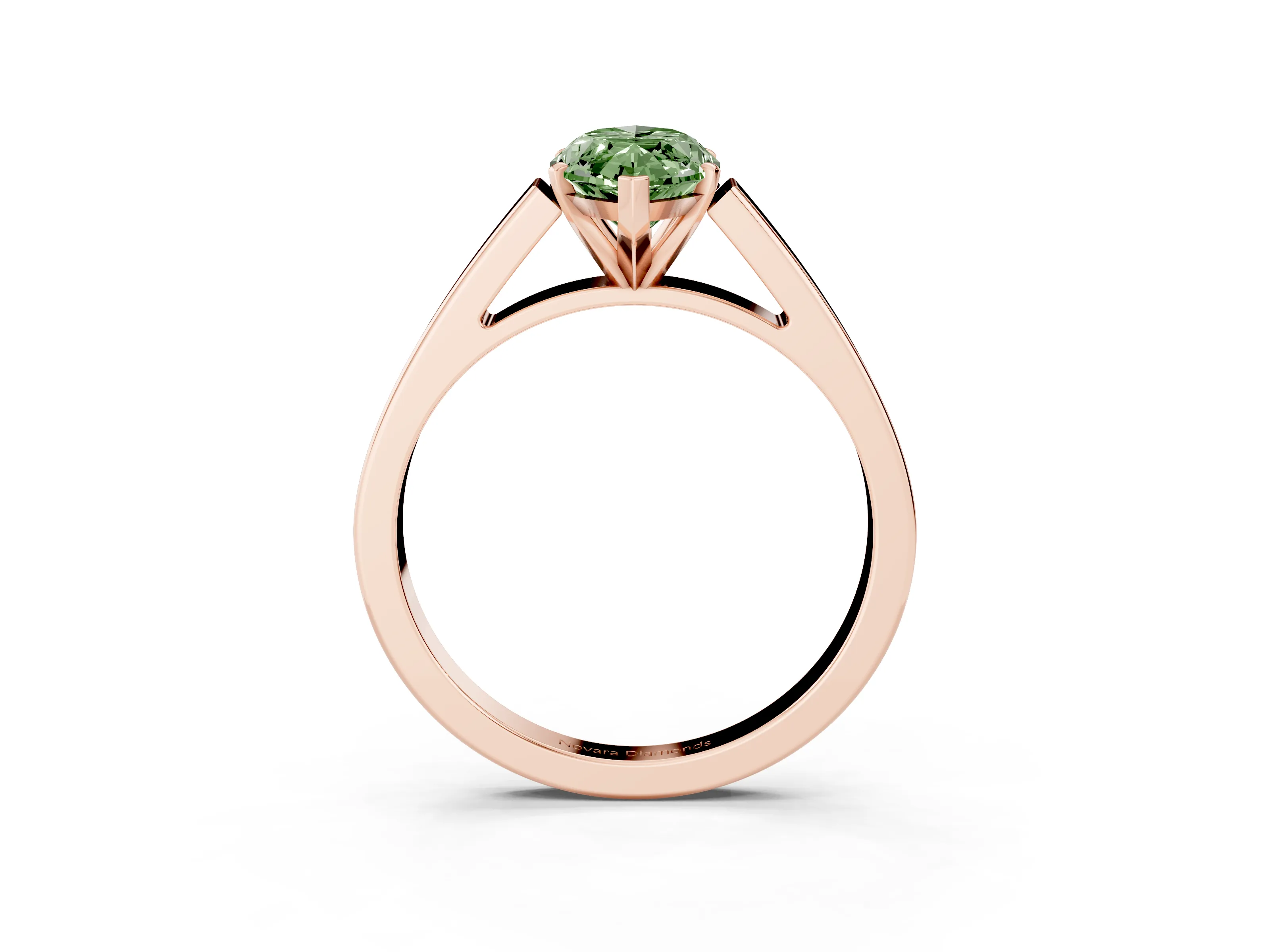 Fancy Green Marquise Cut Diamond Solitaire Engagement Ring Set in Rose gold with Prong Setting and Tapered Band