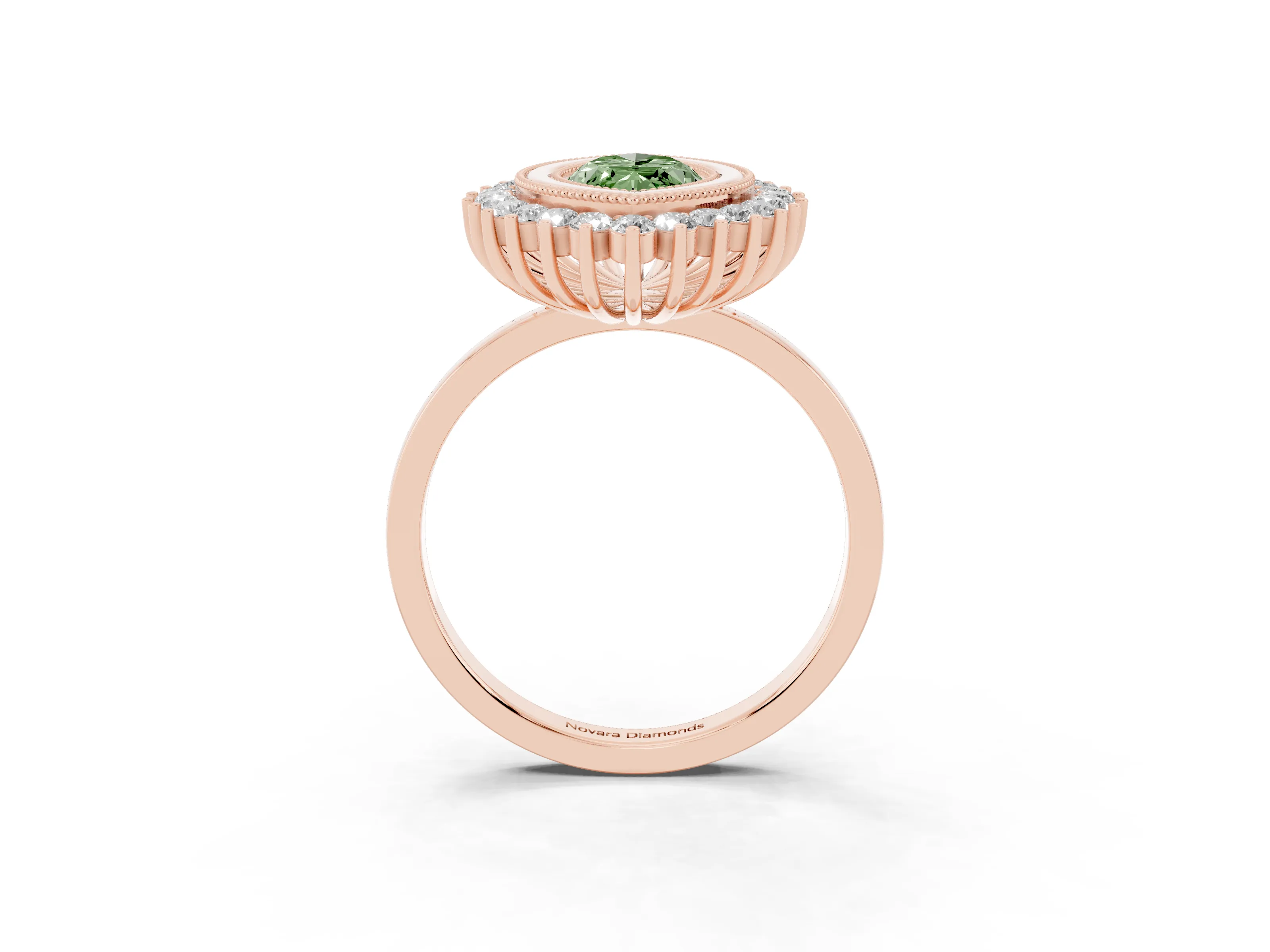 Fancy Green Marquise Cut Diamond Halo Ring Set in Rose gold with Milgrain Edge and Round Prong Setting