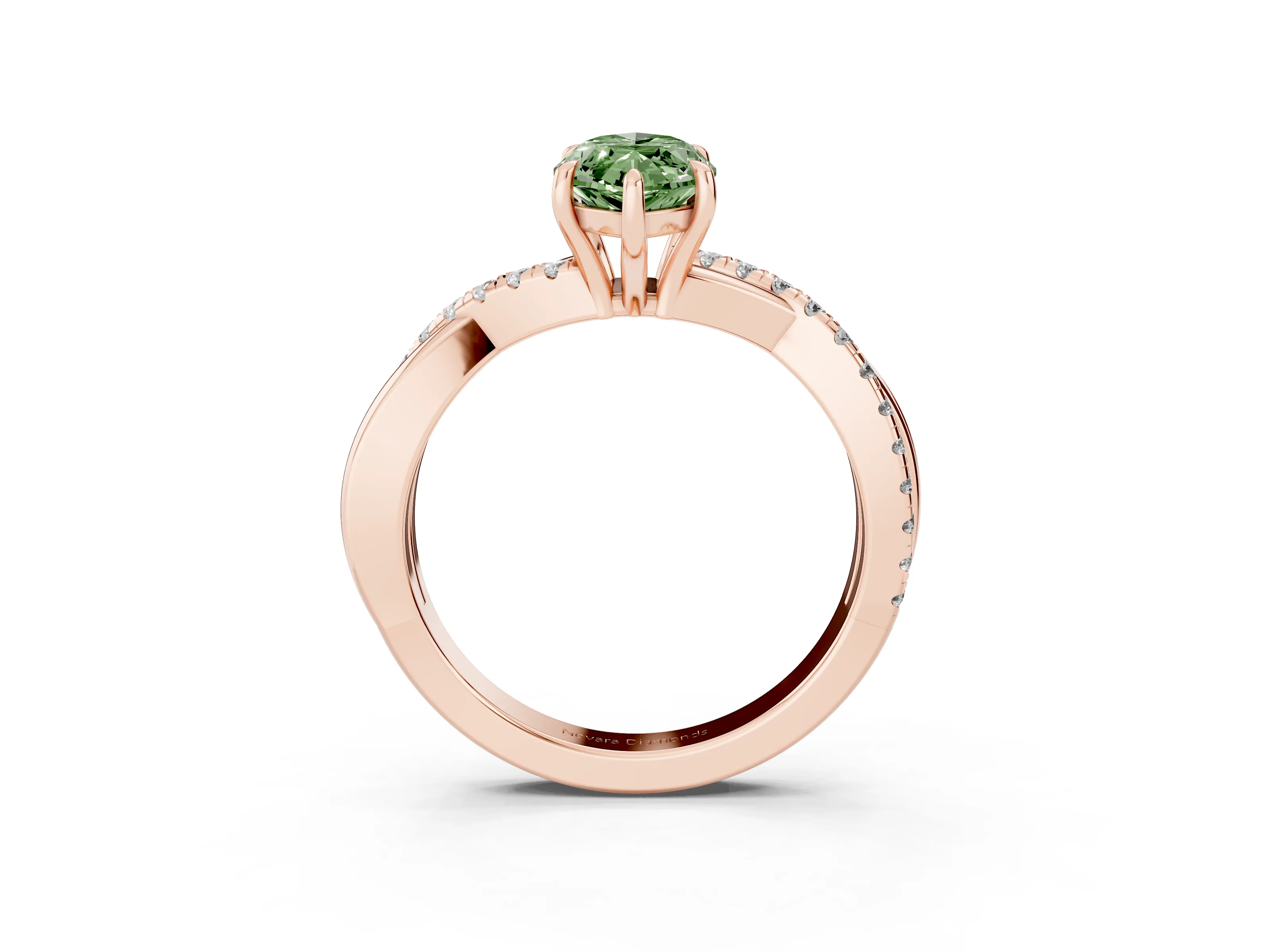 Fancy Green Marquise Cut Diamond Twisted Pavé Band Ring Set in Rose gold with Prong Setting